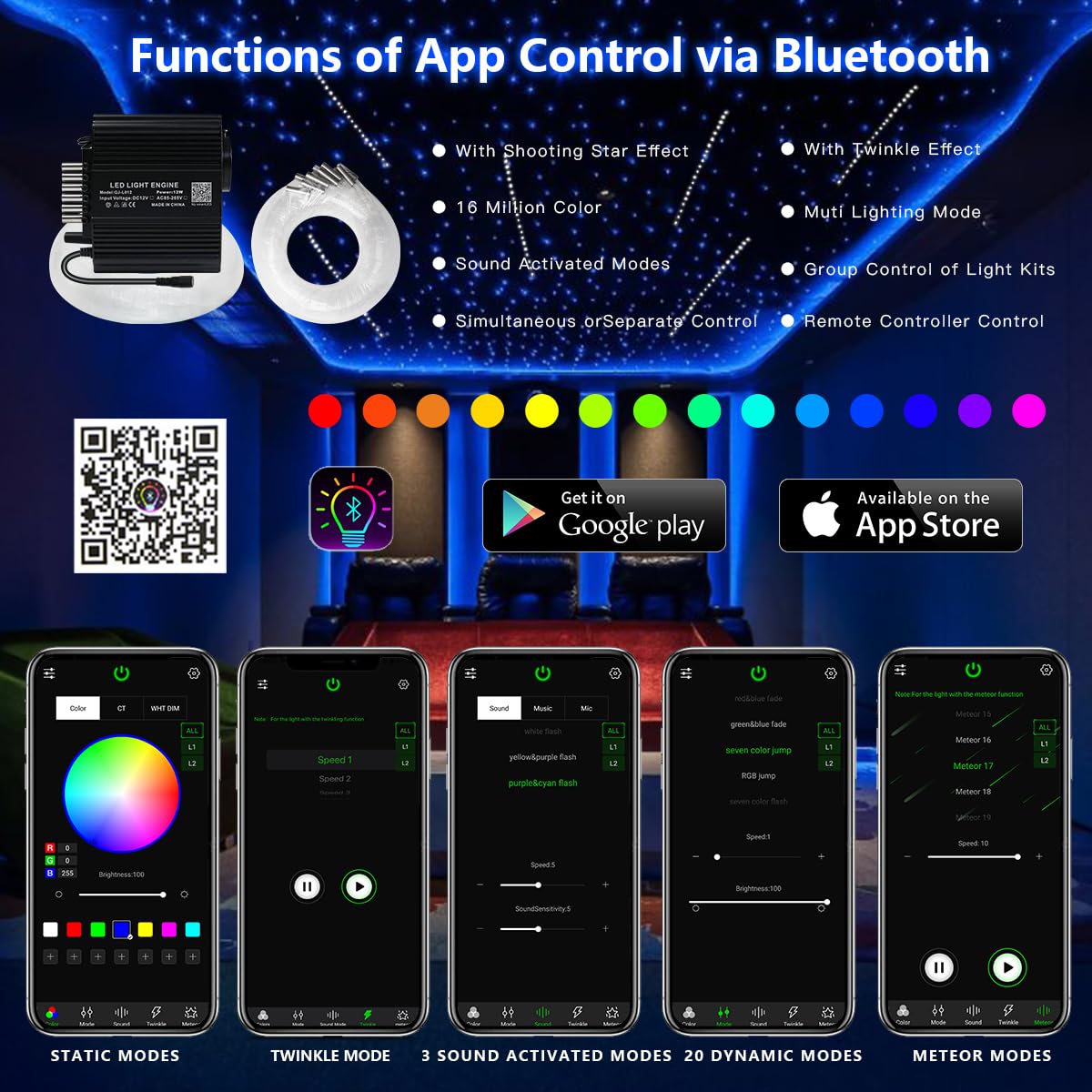 AKEPO 12W Shooting Star+Twinkle Fiber Optic Lights Kit, Car Home Use 460pcs of (0.03+0.04+0.06in) 9.8ft +240pcs Meteor Optical Fiber Remote APP Control RGBW Music Activated Star Ceiling Sky Light