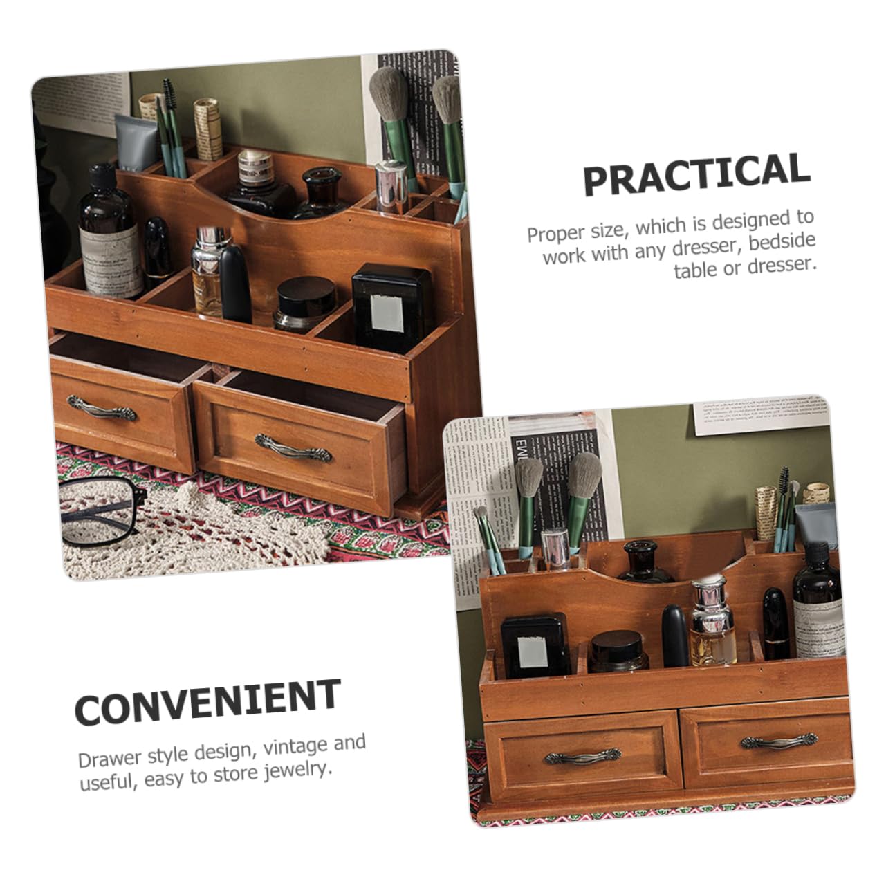 Organizer per Scrivania in Legno Stile Vintage Cassetti a 2 Scomparti, Grande Capacità e Multifunzionale per Gioielli e Cosmetici come Organizer da Scrivania