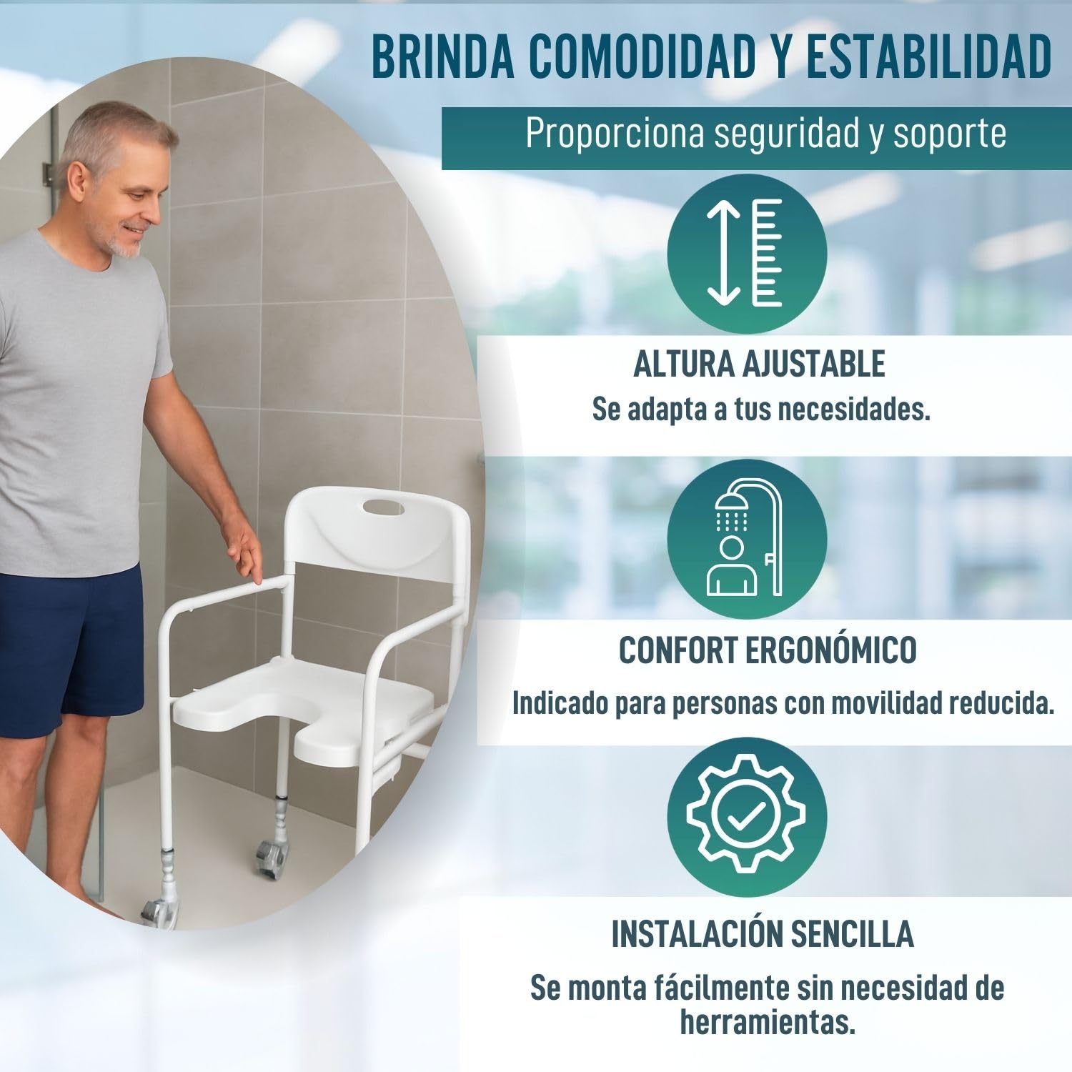 OrtoPrime Silla Ducha Personas Mayores Forma U con Ruedas Silla Baño Adultos Plegable - Silla Ducha Mayores Ortopédica - Silla de Baño Taburete Ducha para Mayores con Respaldo Altura Regulable
