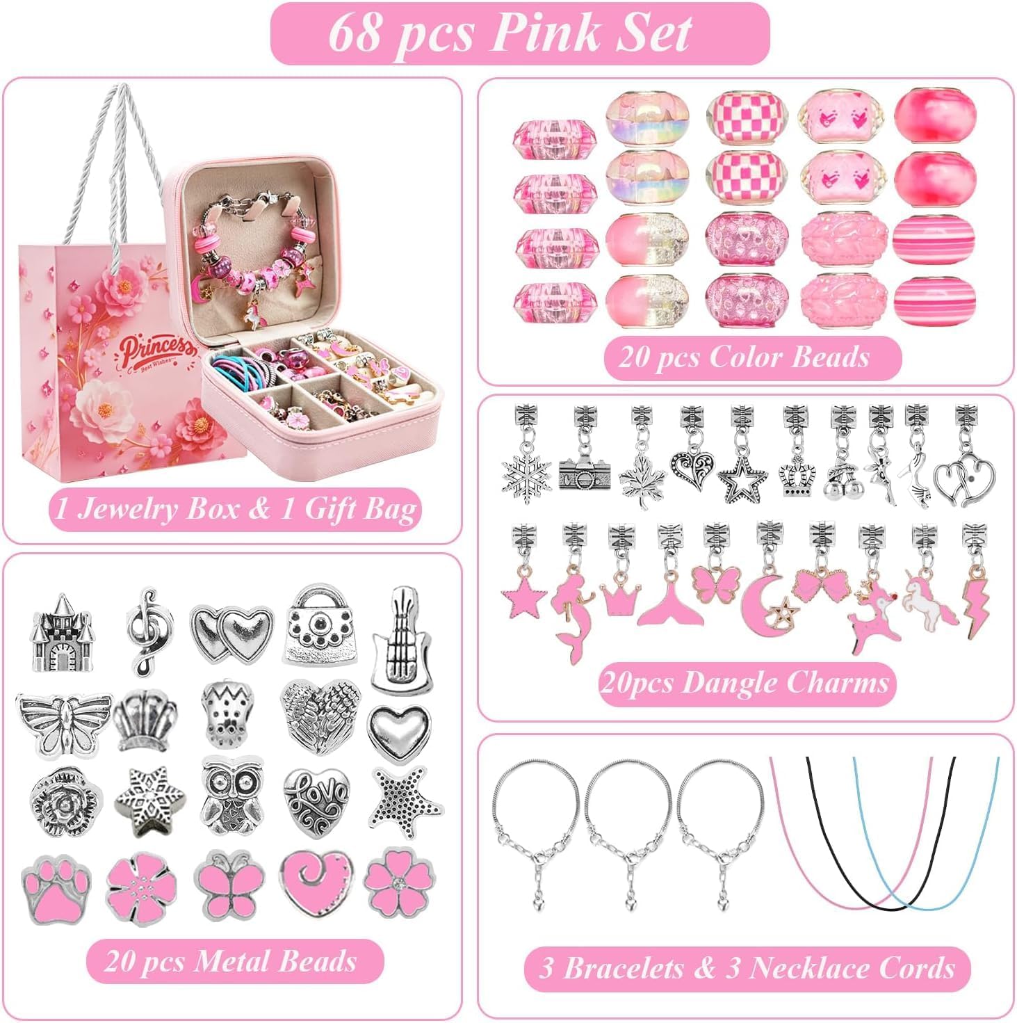 ONADEBY Charm Bracelet Making Kit - Pink DIY Jewelry Making Kit for Girls, Friendship Bracelet Kit with Portable Jewelry Box Bag Packing for Birthday Christmas New Years Mother's Day Craft Gifts