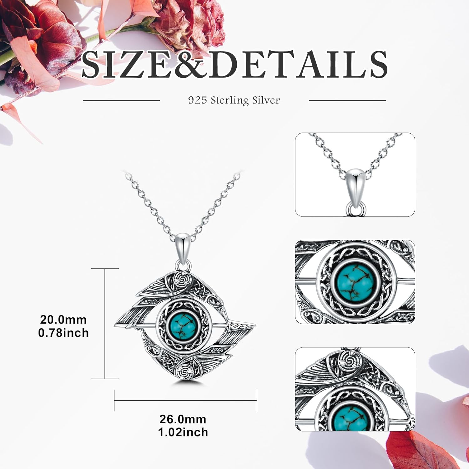 Natural Turquoise Crow Necklace for Women 925 Sterling Silver Crow Pendant Viking Odin Raven Pendant Necklace Celtic Crow Jewelry Gifts for Mom Wife - Image 5