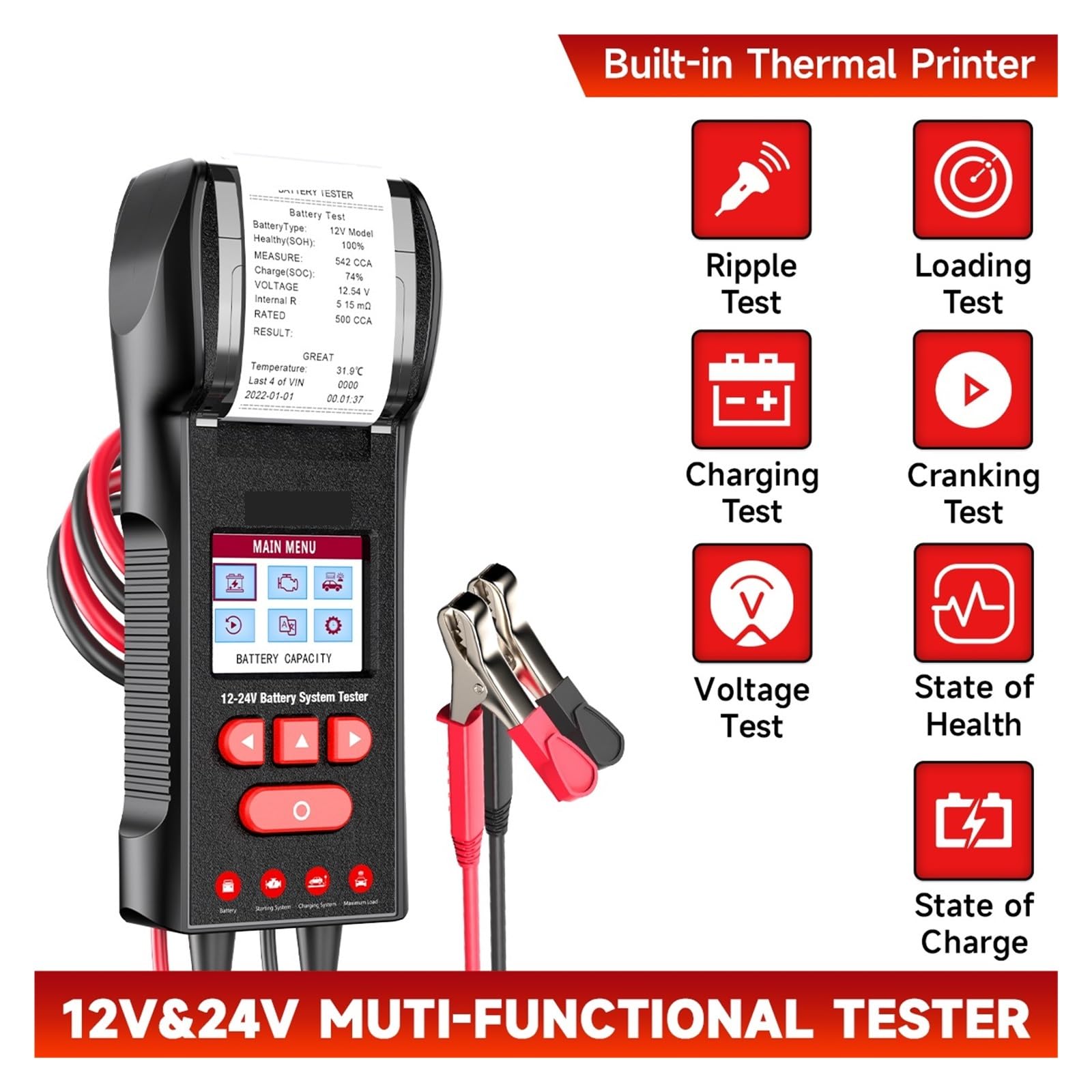 Tester For Batteria Auto Con Stampante 12V/24V 100-2000 CCA Di Carico For Digitale Avviamento E Ricarica Rilevamento Rapido Accurato