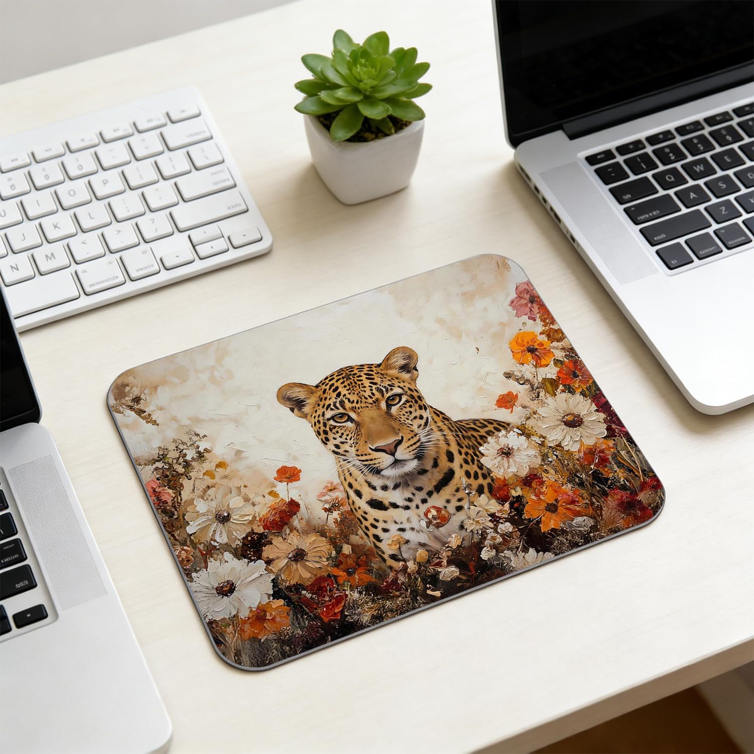 Rustic Floral Leopard Mouse Pad for Desk, Vintage Wildflower Botanical Cheetah Mousepads for Wireless Mouse Computers Laptop Home Office Supplies Accessories, 9.5x7.9 Inch image 4