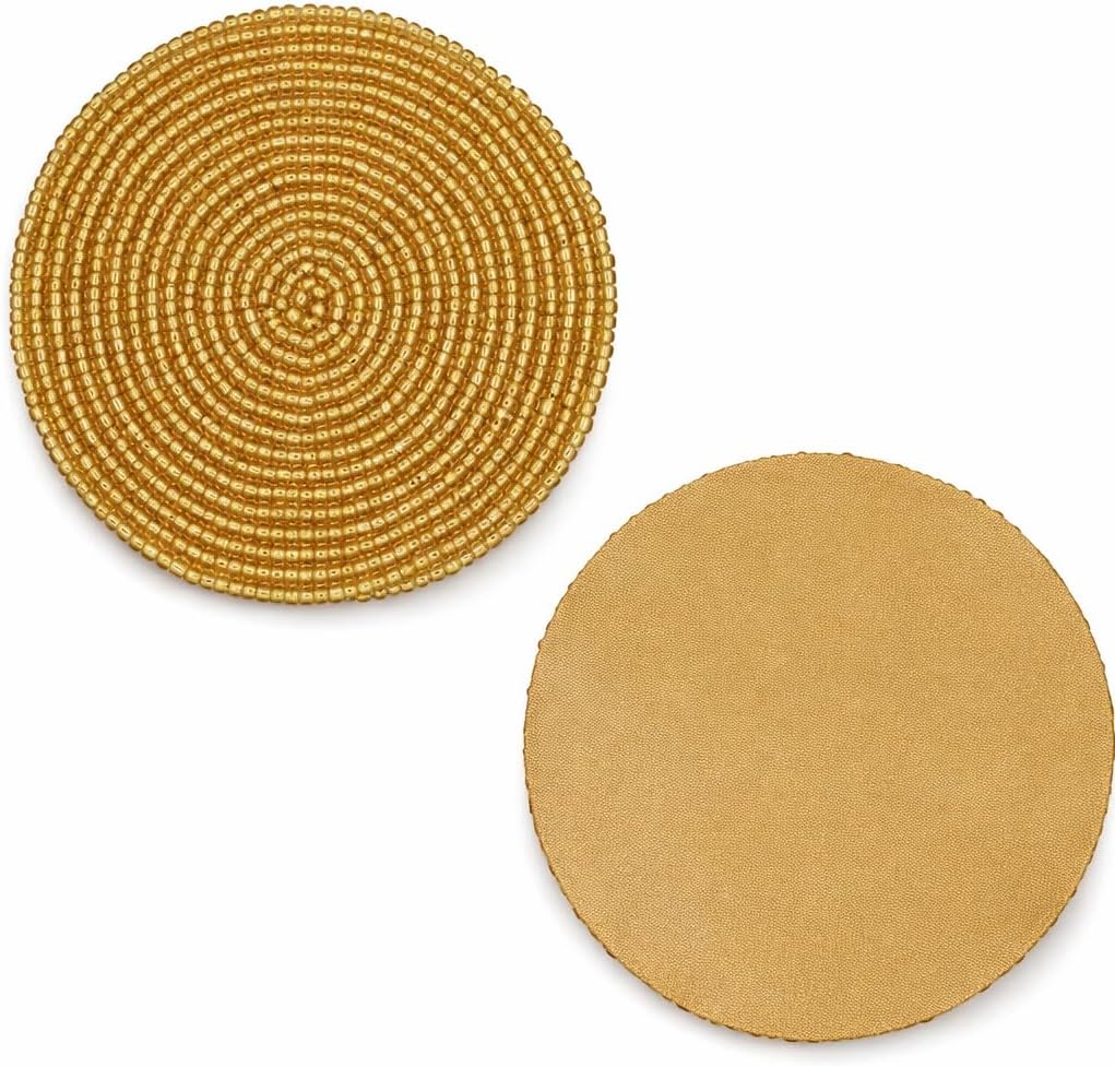 Gold Beaded Coasters Set – Handmade Round Drink Coasters with Non-Slip Fabric Backing, Heat Resistant Table Protection for Coffee Table, Dining Table & Home Decor (Set of 6)
