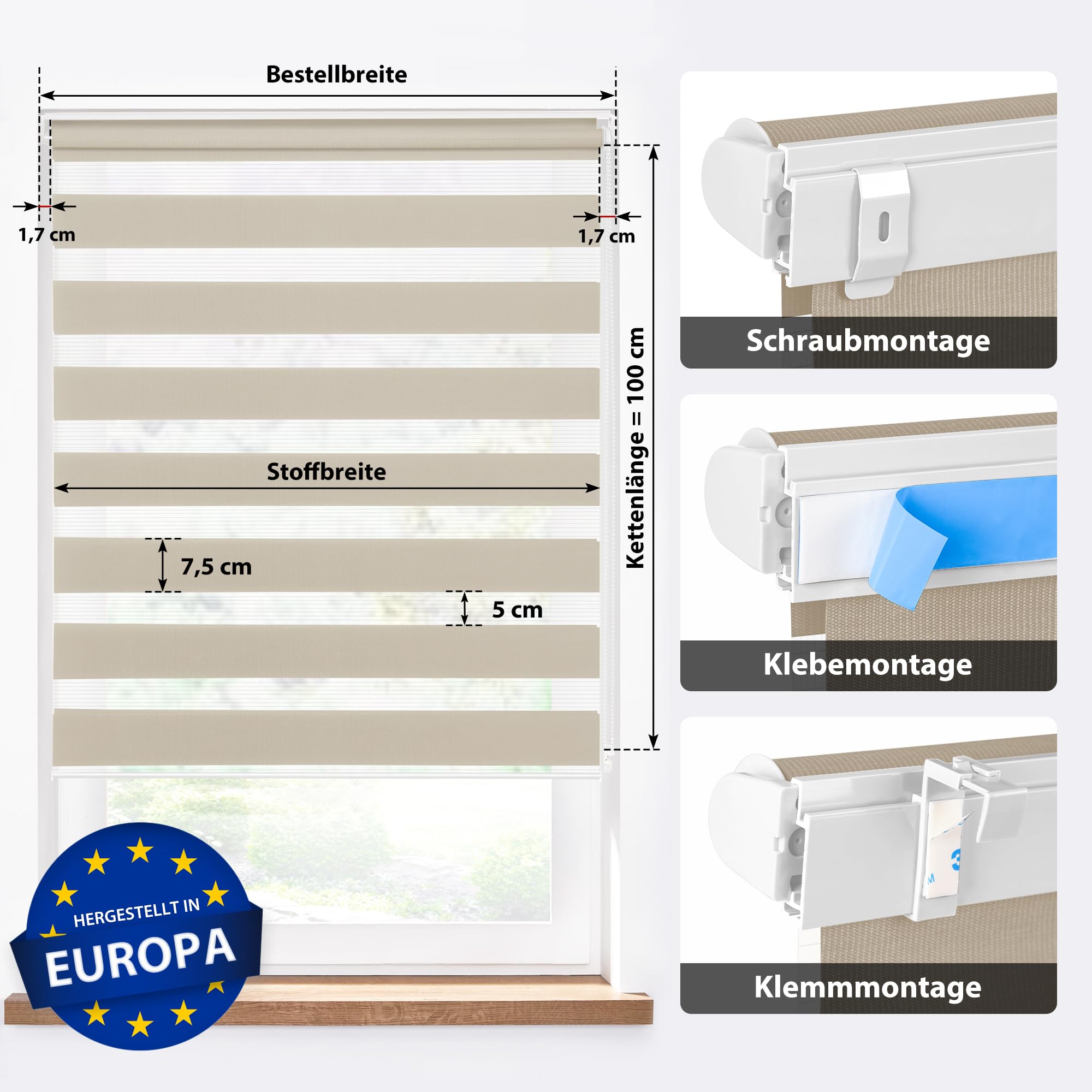 Jalousiescout Estores de Noche y día Klemmfix Estor Enrollable de Doble Capa sin Taladrar, Doble Estor Interior Ventanas Sala de Estar Cocina, 3 Opciones de Montaje, 110 x 130cm, Marrón Claro
