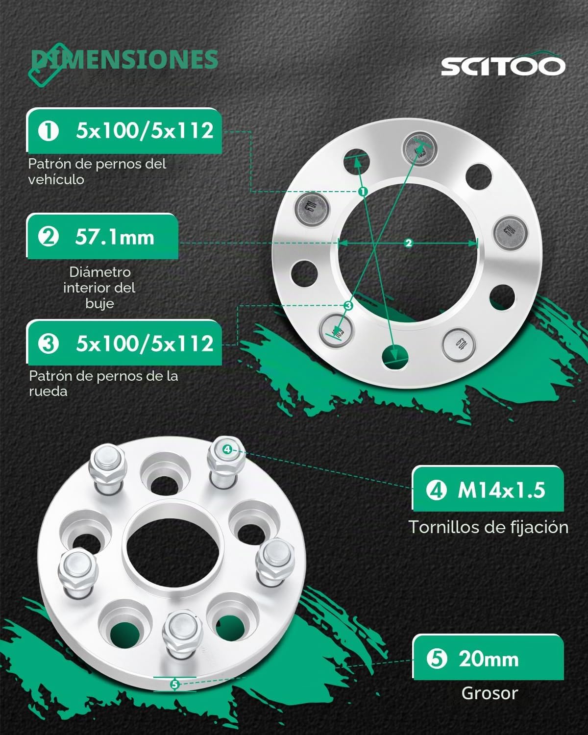 SCITOO 4 adaptadores espaciadores de rueda de 5 lengüetas de 20 mm de 5 x 100 a 5 x 112 con 14 x 1.5 pines 57.1CB compatible con S4 1993-2008 para Tiguan 2009-2017 para espaciadores de rueda 5000 1979