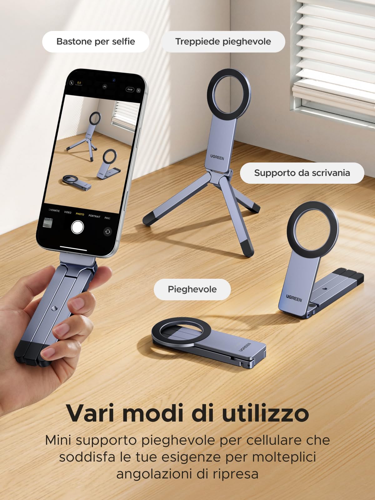 UGREEN Treppiede Magnetico per Telefono Grigio Nebulosa Supporto Magnetico MagSafe Materiale in Lega di Alluminio Adatto per Viaggi Riunioni e Uso Domestico
