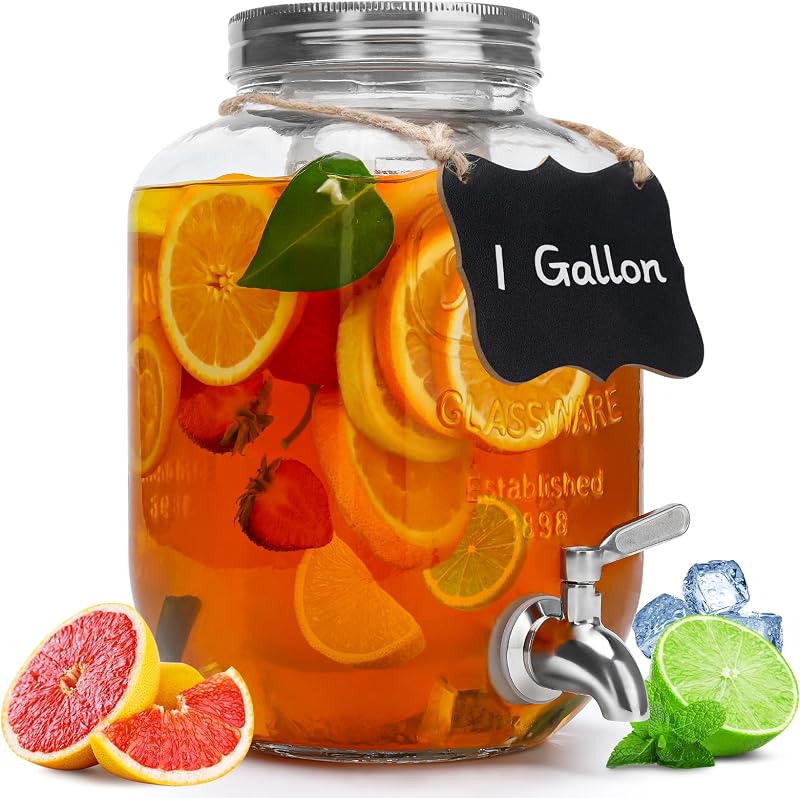 1 Gallon Glass Beverage Dispenser with Lid, Stainless Steel Spigot, Glass Drink Dispensers for Parties, Lemonade Dispenser With Ice Cylinder for Weddings, Party,Sun Tea Jar, Water Juice Dispensers
