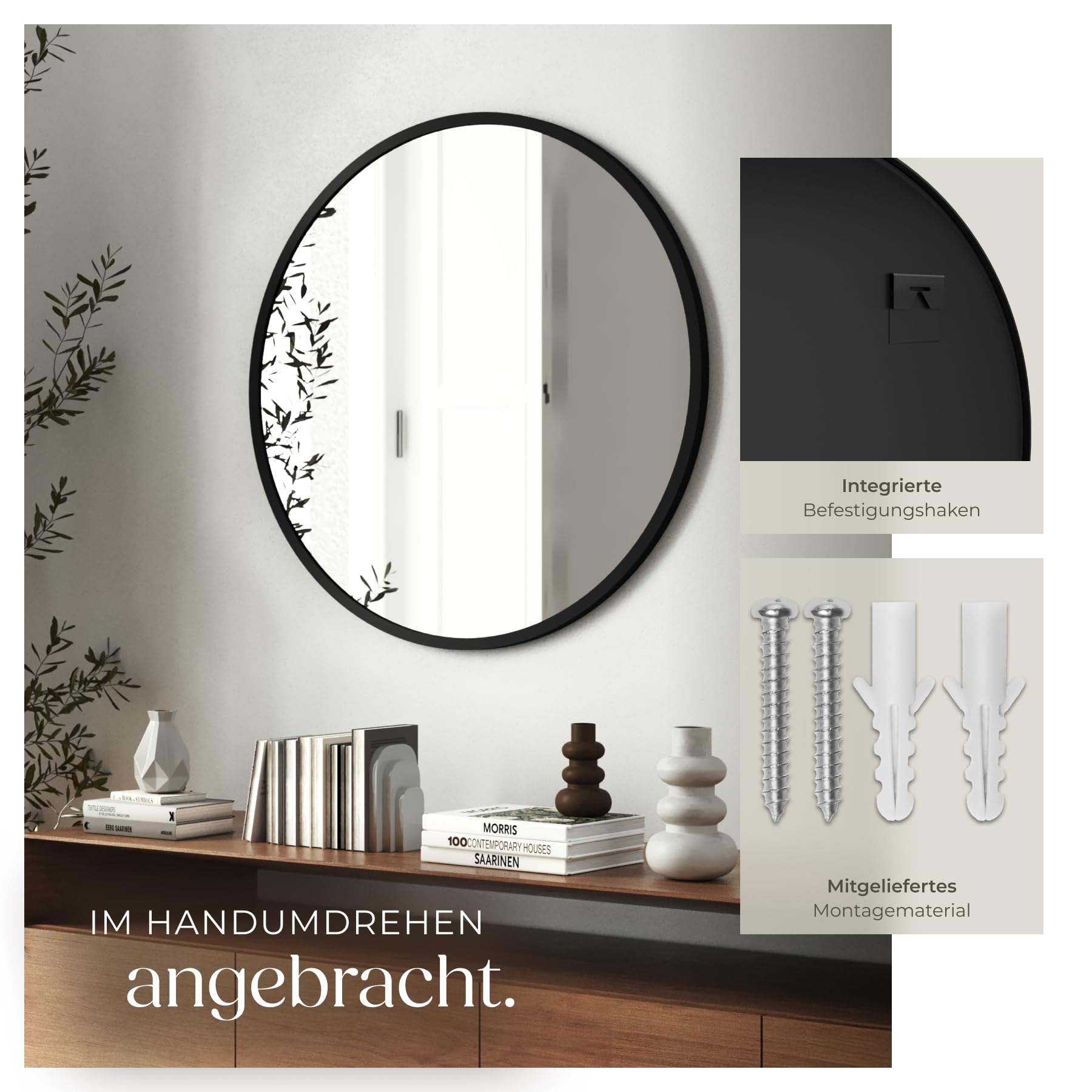 tectake® Spiegel rund schwarz, Wandspiegel modern, Badspiegel, Wanddekoration Wohnzimmer, Boho Deko Schlafzimmer, runder Badezimmerspiegel, Flurspiegel, Gäste WC, Spiegelaufhängung - Ø80 x 2,5 cm