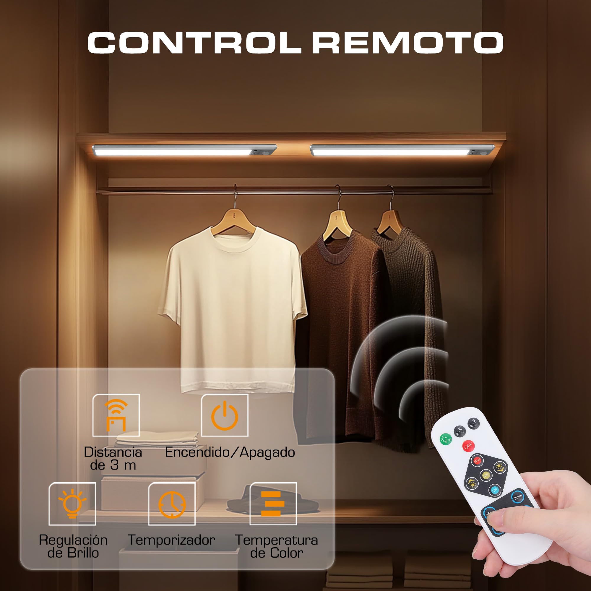 EverBrite 2-Piezas Luz LED con Sensor Movimiento, Luz Led Recargable con Control Remoto, 78 LED, 3 Modos, Batería de 2200mAh, Luz Ajustable 3000K/4000K/6500K, para Armario, Escalera, Cocina, Pasillo