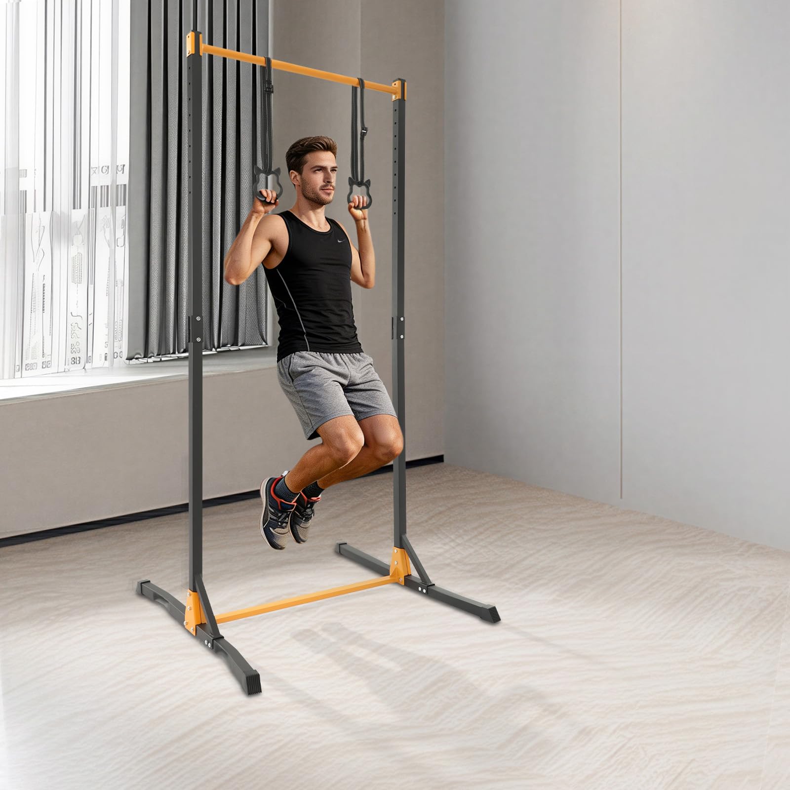 Klimmzugstange Power Tower Freistehend Höhenverstellbar 11 Stufen | Mit zwei Aufhängeringen und widerstandsfähiger Stahlstruktur ideal für individuelles Training zu Hause und im Fitnessraum
