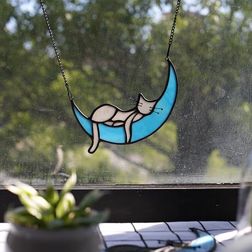 Miniatura 4 de BOXCASA Atrapasoles hecho a mano con diseño de gato en luna gris para colgar en la ventana para amantes de los gatos, día de la madre para mujeres,