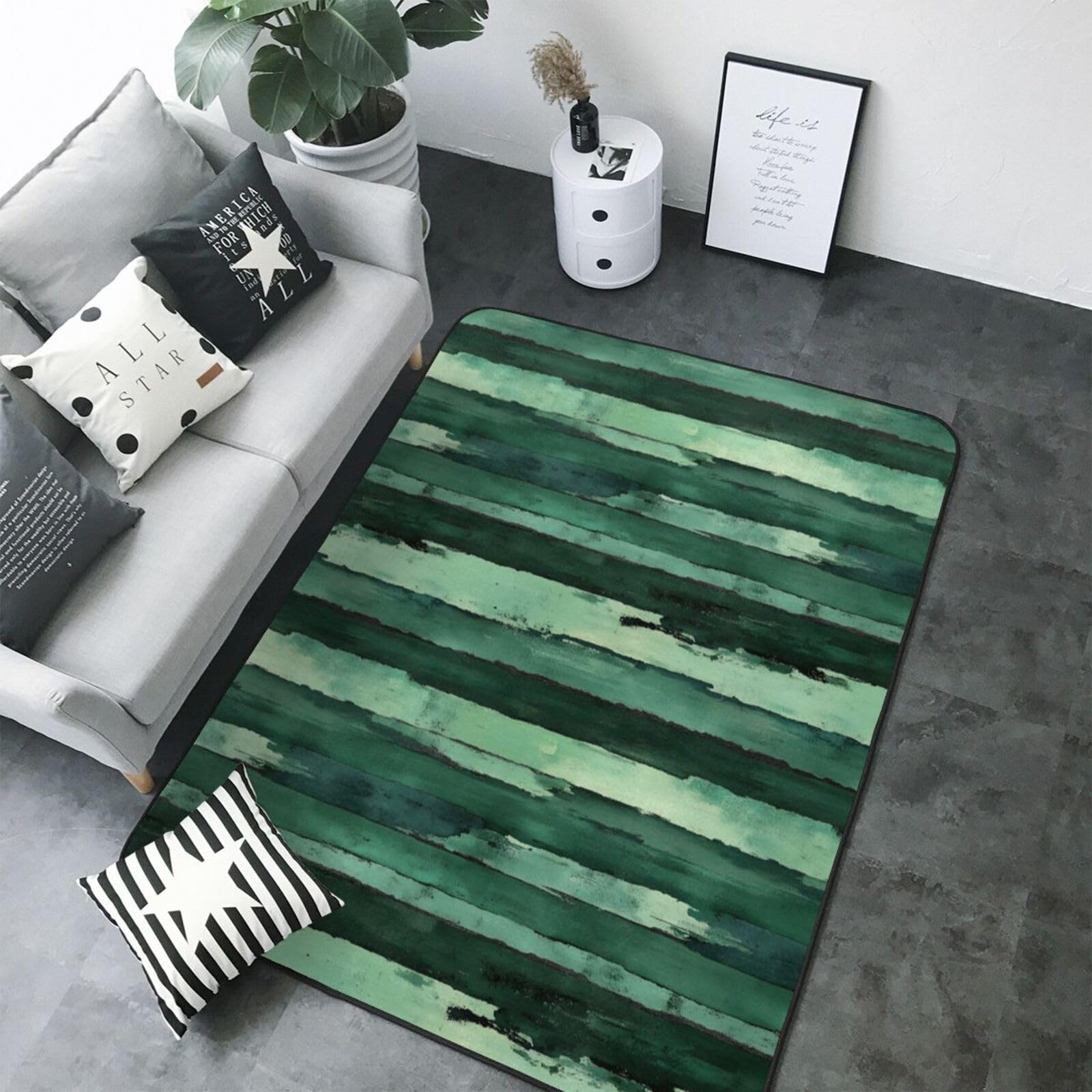 Tapis lavable motif cactus à rayures vertes pour chambre et salon doux