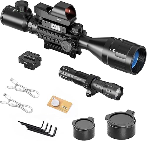 Miniatura 6 de Qande Alcance de rifle 4-16x50AO, reflejo iluminado rojoverde con vista láser verde, 4 retículas holográficas punto rojo para montaje en riel, 5