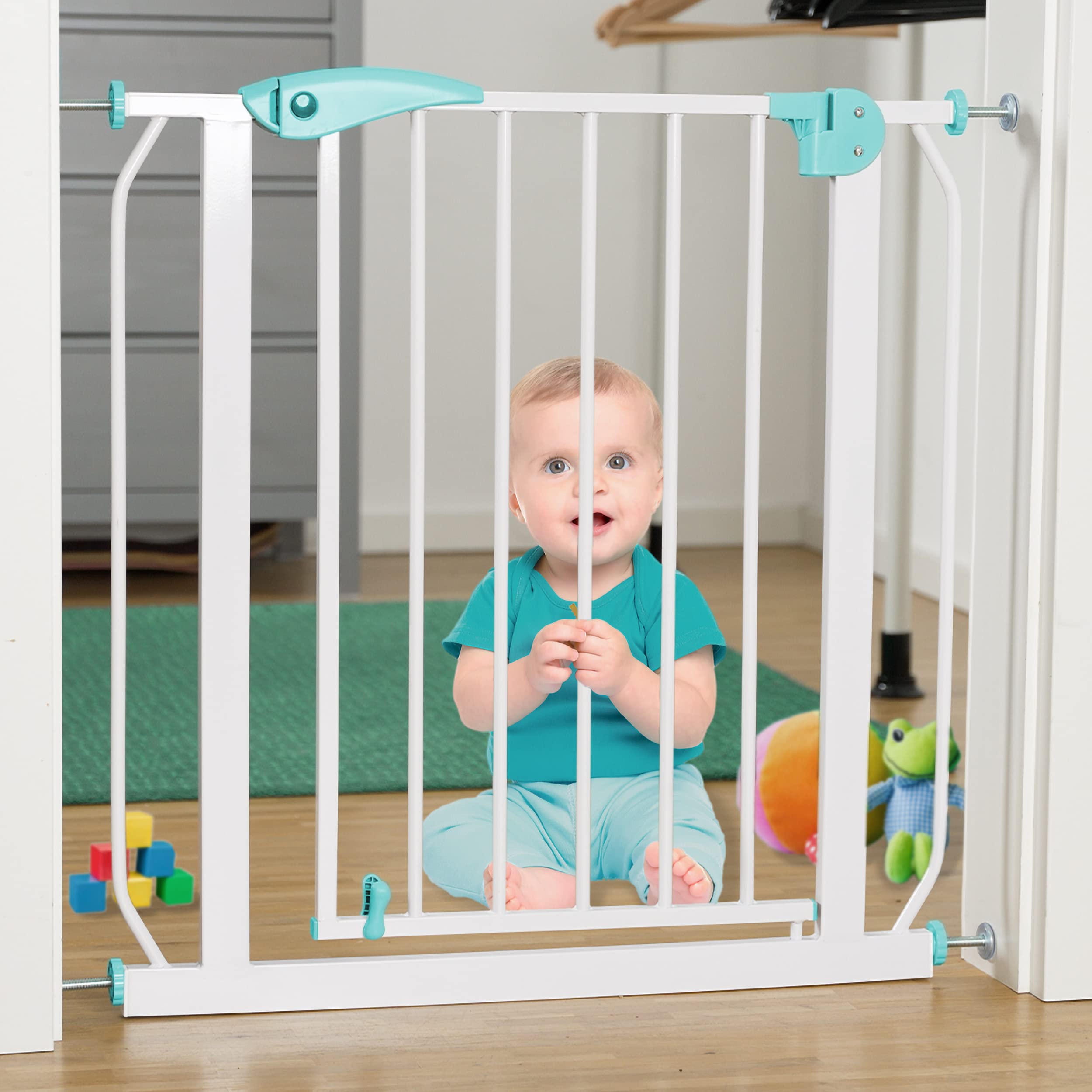 ib style® Berrin Protección de la Escalera 67-175cm | Protección de la Puerta | Sin perforar | 90° Stop | Cierre automático | Blanco-Turquesa | 130-140 cm