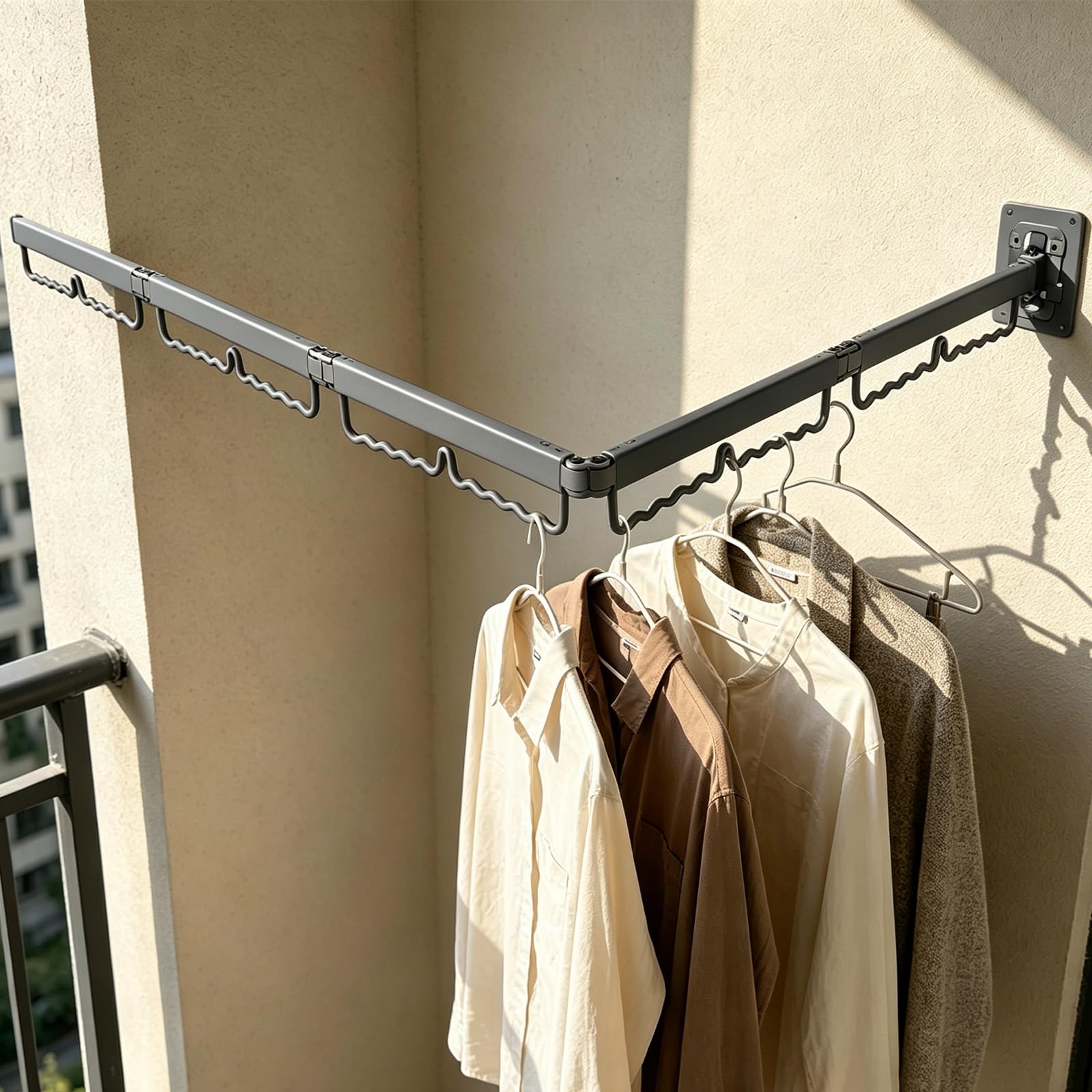 Stendibiancheria pieghevole da parete, estensibile, con asta di prolunga, stendibiancheria da parete per balcone, in alluminio, con ganci (grigio antracite, pieghevole a 3 scomparti, 125,7 cm)