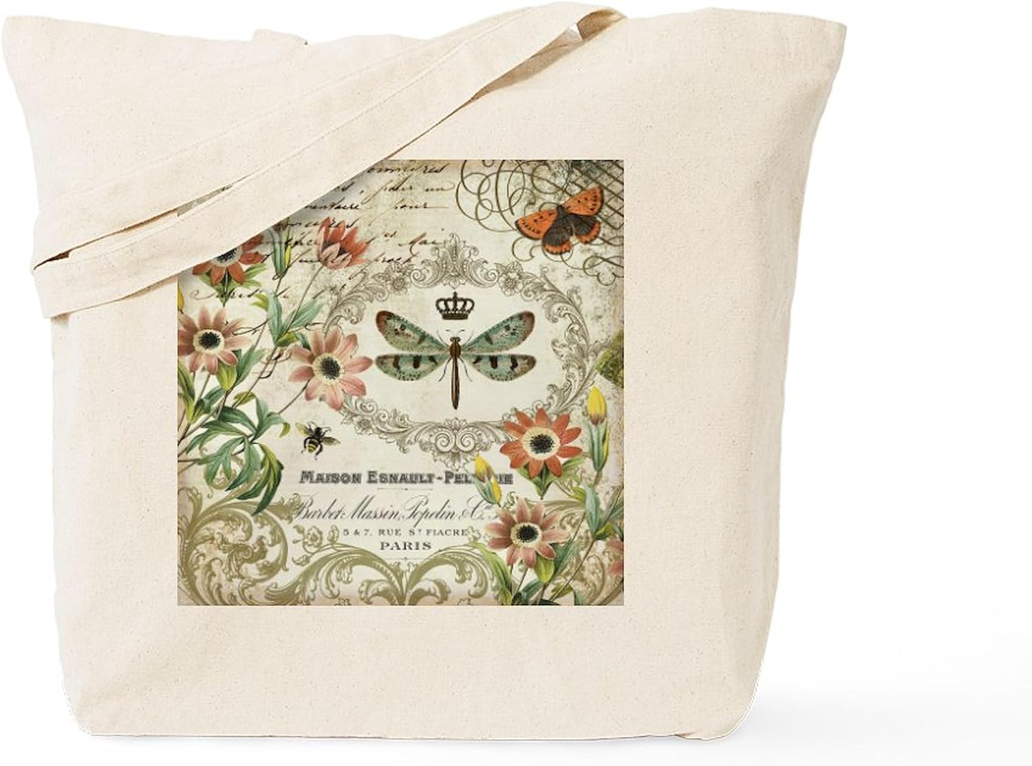 CafePress Modern Vintage French Dragonfly Tote Bag Natural Canvas Tote Bag, Reusable Shopping Bag
