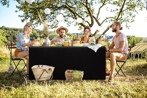 Miniatura 8 de Smiry Paquete de 2 manteles ajustables color negro, manteles rectangulares de tela de poliéster de 6 pies, mantel lavable para ferias, ferias de