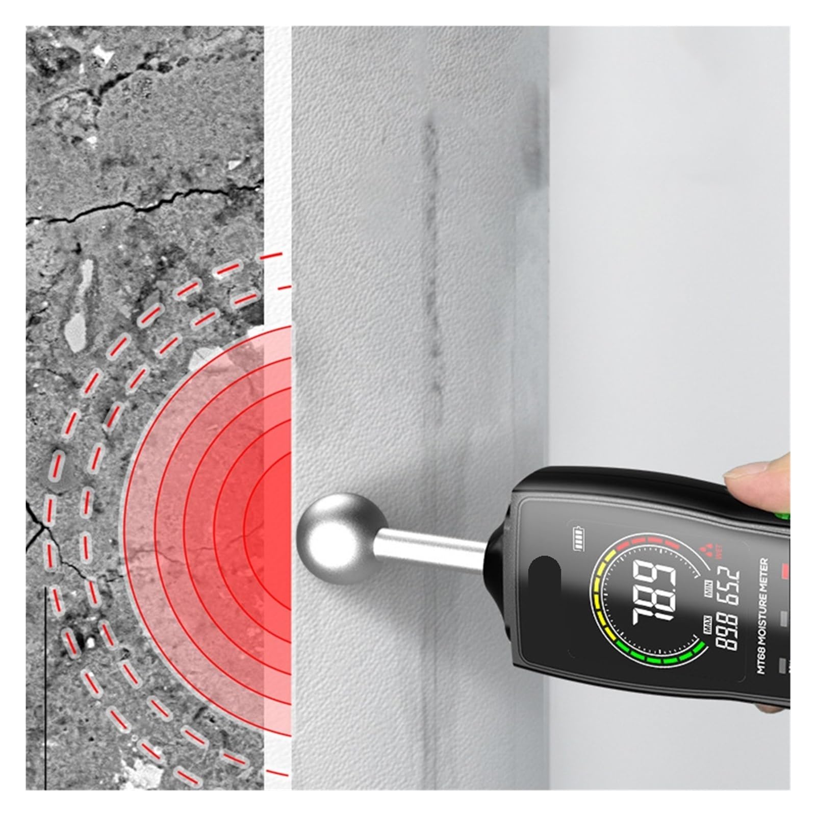 Feuchtigkeitsmesser, Digitaler Feuchtigkeitsmesser ohne Stift, Alarm, Holzfeuchtigkeitsmesser, hintergrundbeleuchteter LCD-Bildschirm, Feuchtigkeitstester