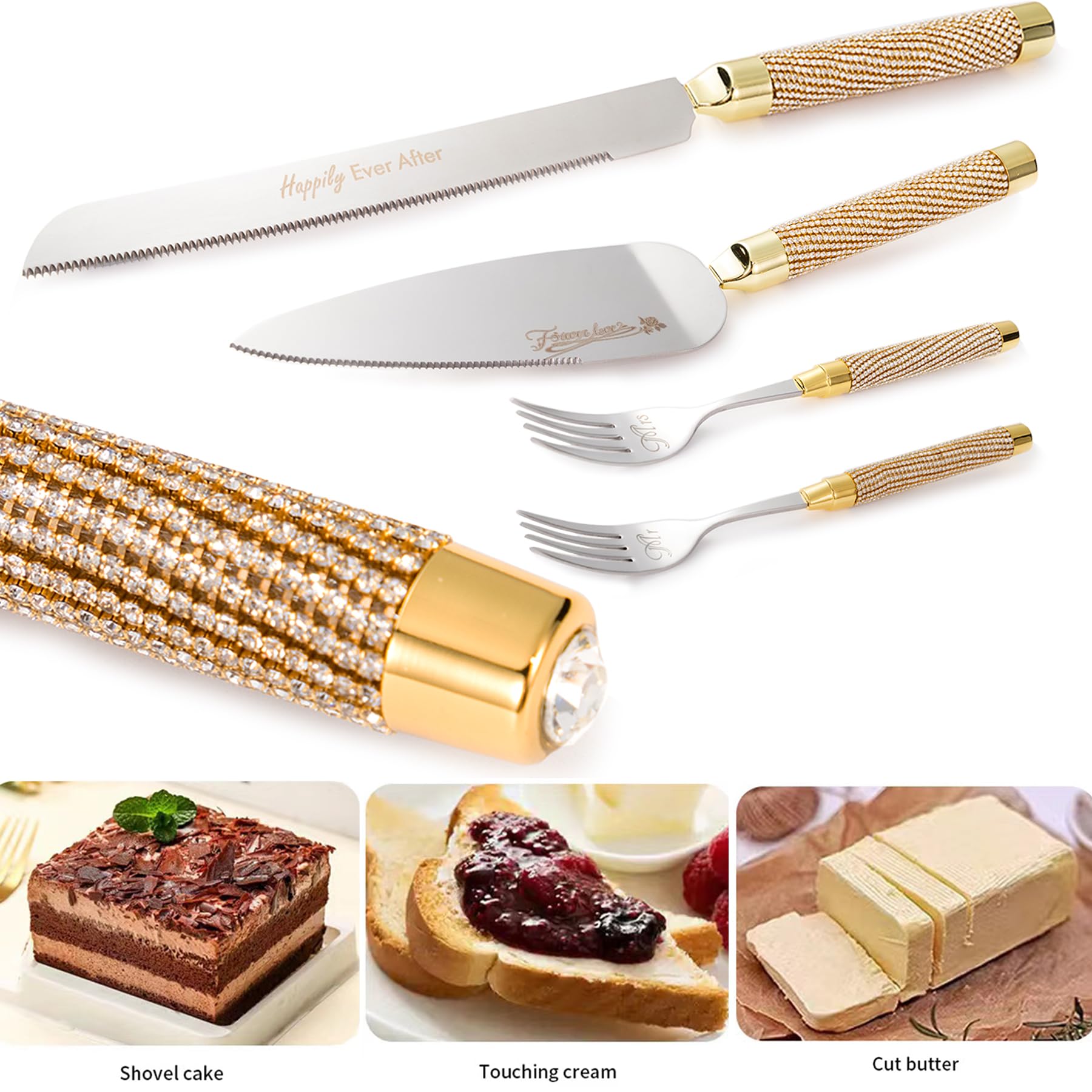 Juego de cuchillo y servidor para tartas de boda, juego de corte de pasteles para boda, 4 cortadores de pasteles y juego de tenedores para tartas de Mr and Mrs para regalos de despedida de soltera,