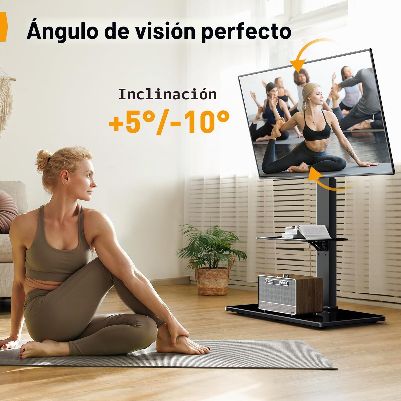 PERLEGEAR Soporte de TV de Suelo para Televisores de 30-70 Pulgadas de hasta 50 Kg con Inclinación, 4 Alturas de Pilar, Soporte de TV con Estante y aBse de Vidrio Templado, VESA Máximo 600x400mm
