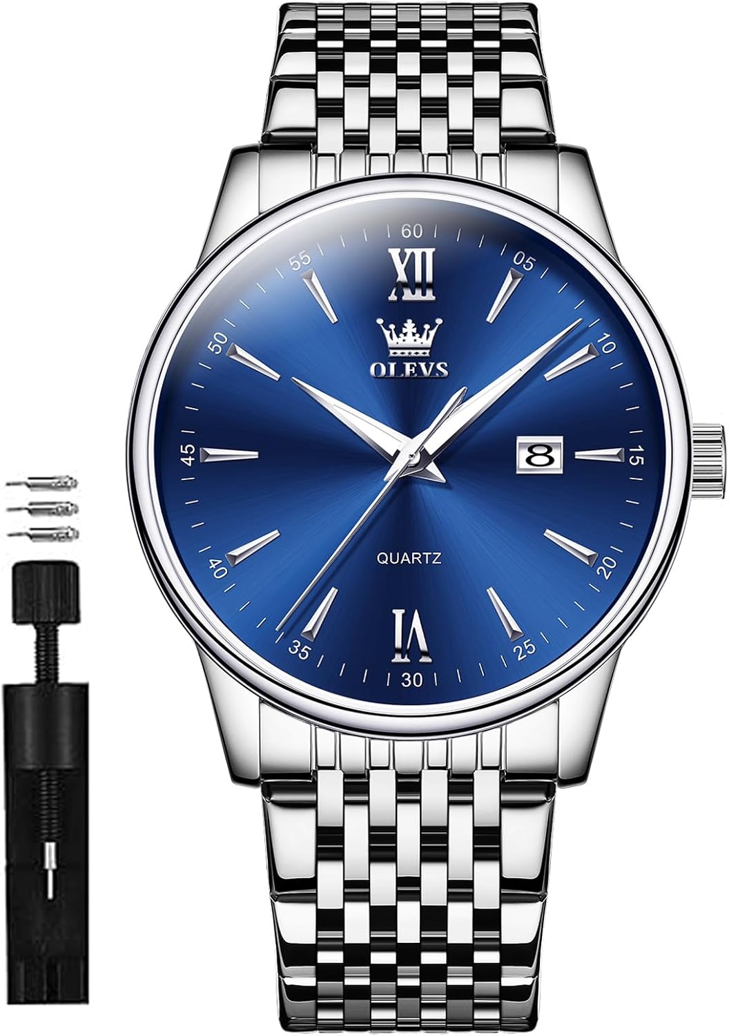 OLEVS Mens Silver Watches Classic Luxury Waterproof Watch for Men Analog Quartz Stainless Steel Men's Dress Watches Casual Wrist Watch Large Face with Day Date Relojes para Hombres