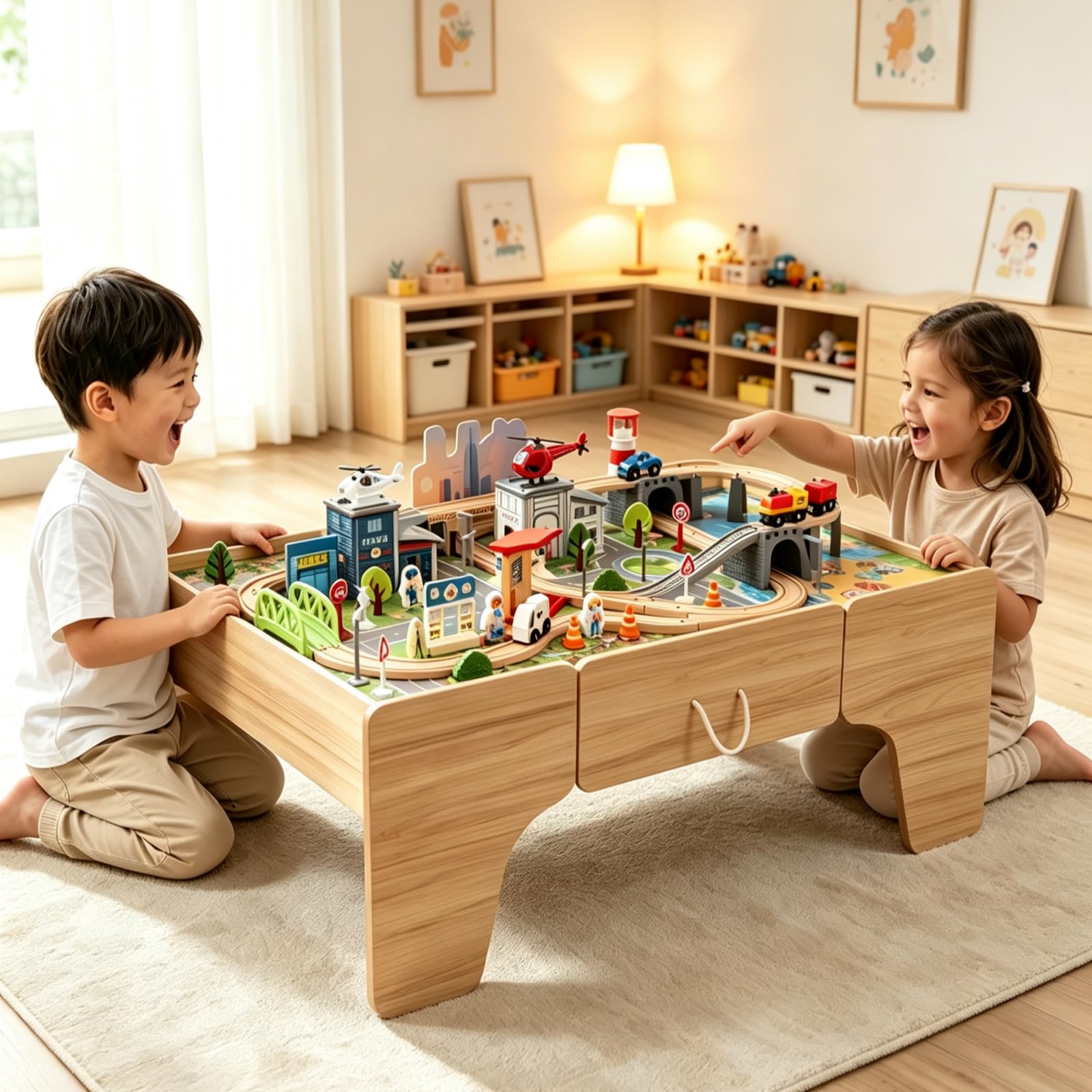 LIFEZEAL Tavolo Attività in Legno per Bambini, con Set di Trenino 110 pz | Tavolino Montessori da Gioco e Studio con Cassetto e Piano Reversibile e Rimovibile, con Binari, Veicoli e Mappa, 3+ Anni