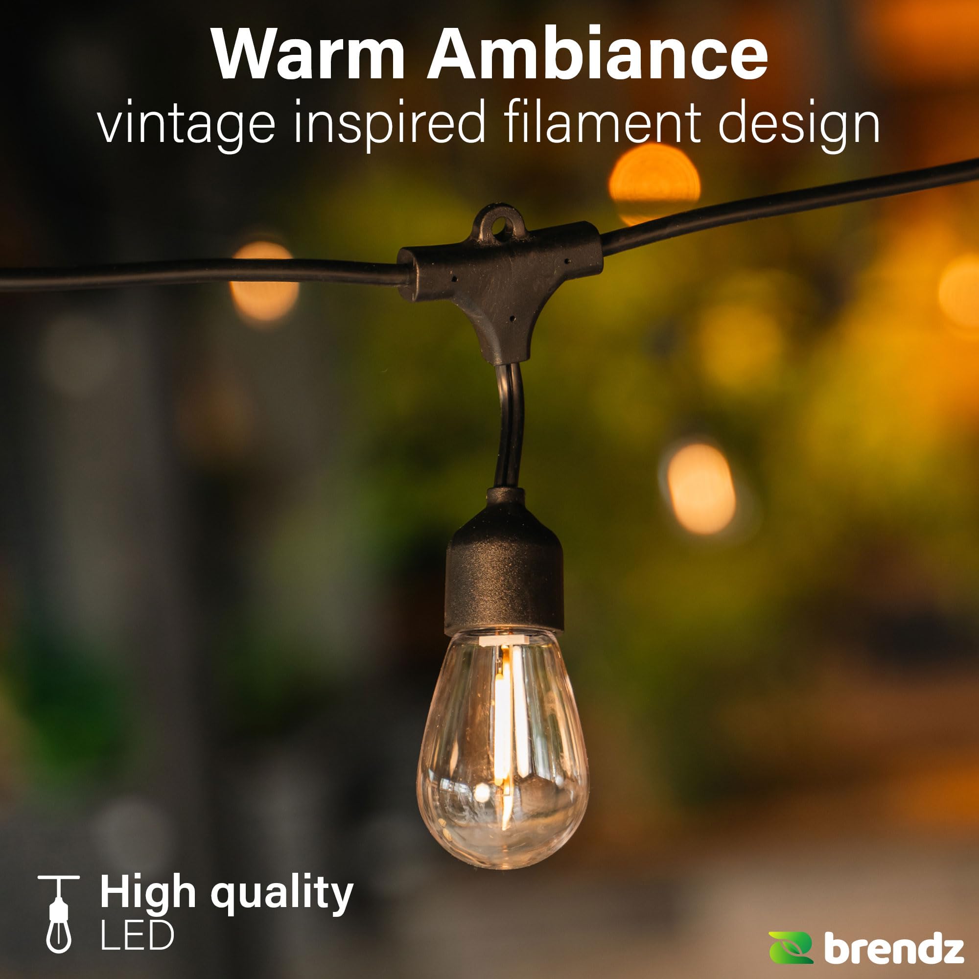 Brendz Catena Luminosa Esterno Solare, IP55, 14,5m, 15 Lampadine Filamento, Infrangibili, 2700K Bianco Caldo, Resistente alle Intemperie, Design Vintage, Catena Luminosa Esterno, Djerba Filament