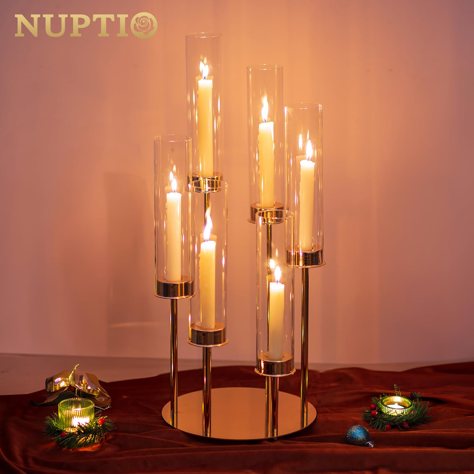 NUPTIO Bougeoirs Or Ouragan Verre - 60cm 2 Pcs Bougeoirs avec Verre Cylindrique Transparent 6 Bras Cache Cheminée en Métal pour Centres de Mariage en Extérieur pour Tables Noël