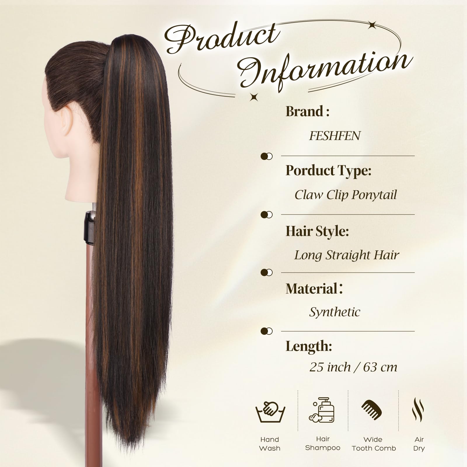 FESHFEN Queue de Cheval Lisse Pince - Postiche Cheveux Naturel Longue Raides Postiches Brun Foncé et Auburn Clair Synthétique Fausse Claw Clip Ponytail Extensions pour Femmes, 63 cm