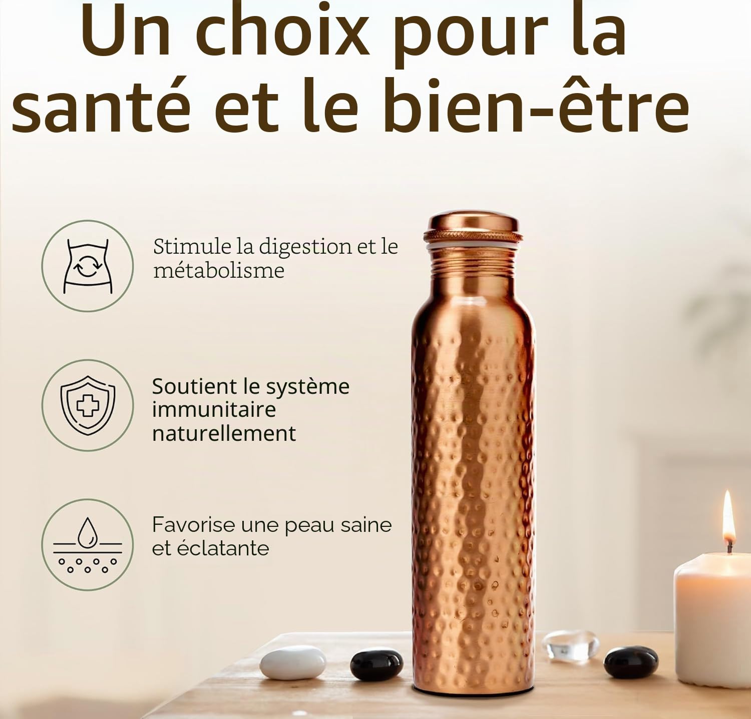 Bouteille d’Eau en Cuivre Pur Martelé à la Main 950 ml – Bouteille Ayurvédique Étanche pour le Sport Grande Gourde Sans BPA pour Yoga, Sac en Toile avec Poche & Brosse