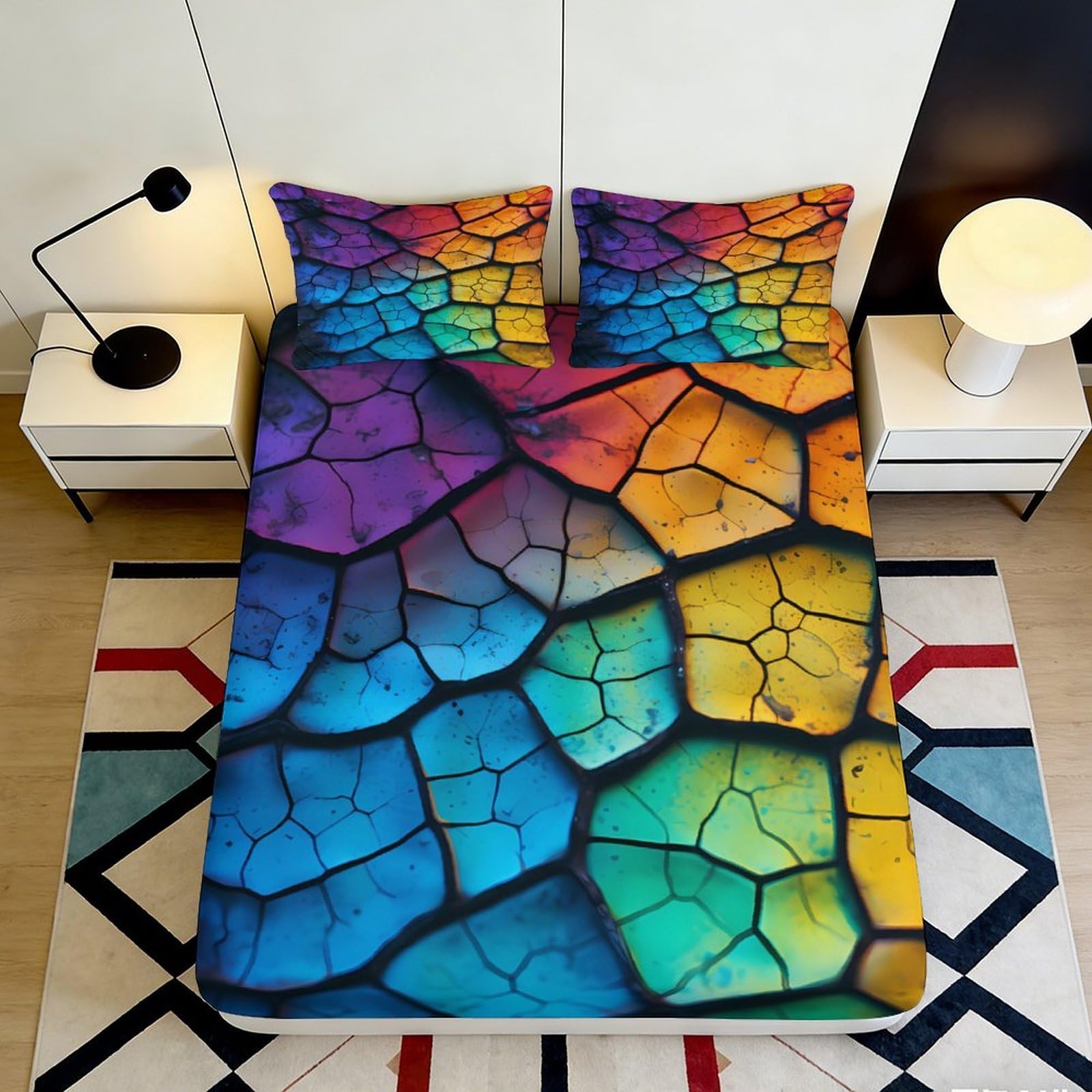 3D Printed Rainbow Mosaic Fitted Sheet Microfiber Soft Stain Resistant Colorful Abstract Bed Cover for Bedroom Guestroom 90x200x25cm