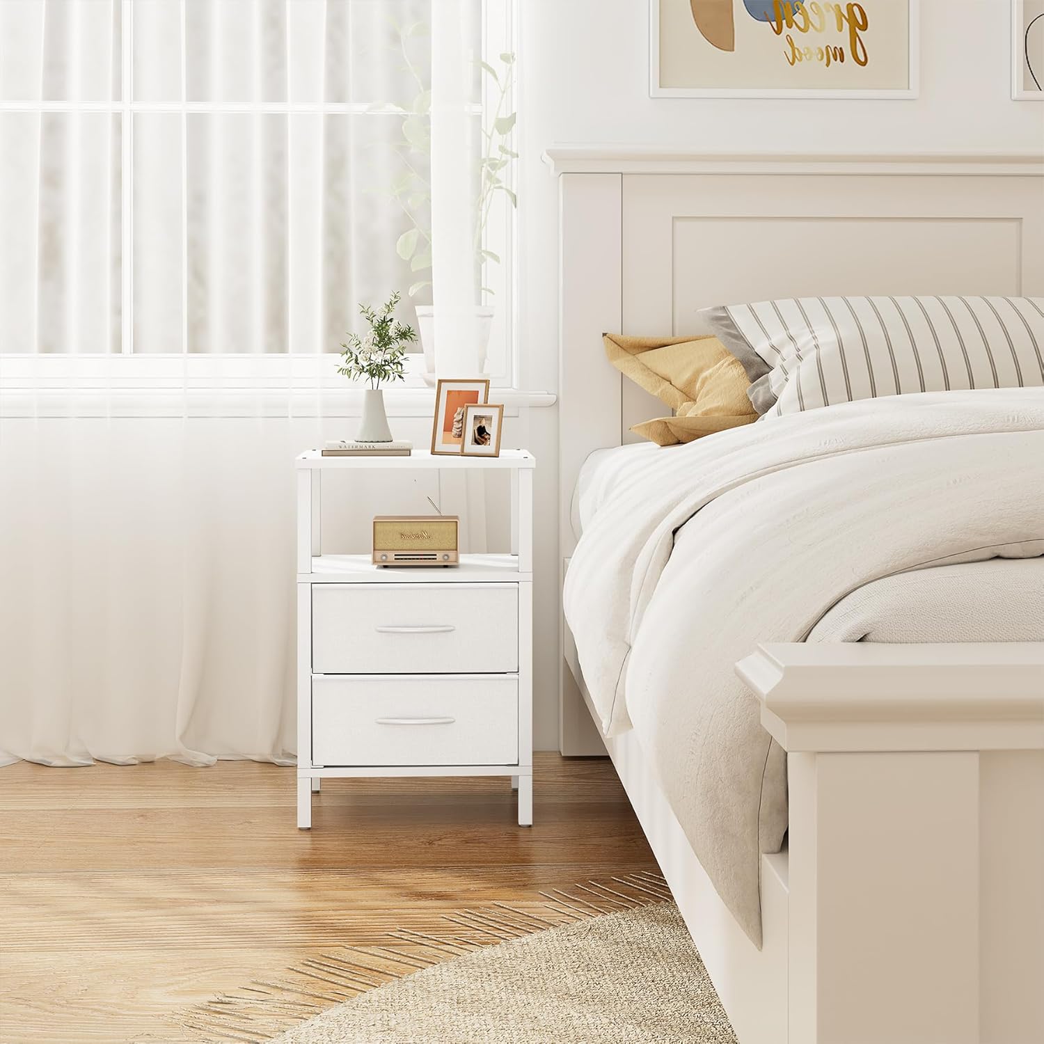 TUTOTAK End Table, Couch Side Table, Nightstand with Cloth Drawer, Set of 2, Bedside Table, White TB01BW066