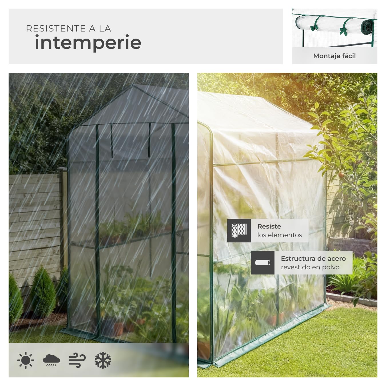 tectake® Invernadero Exterior con 4 Baldas Metálicas de Rejilla, Cubierta de PE contra UVA, Invernadero Terraza 186x120x190cm, Caseta Jardin Exterior con Cuerdas Tensoras y Piquetas, Fácil Montaje