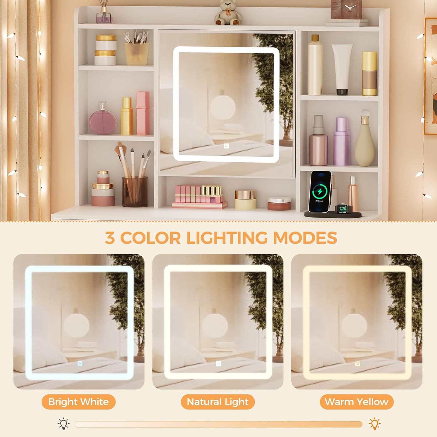 BEWISHOME Vanity Desk with Mirror and Lights, Makeup Vanity Table with Power Outlet,Stool Vanity Table with 9 Drawers 6 Storage Shelves Jewelry Storage,Dressing Table for Bedroom Girls White FST36W