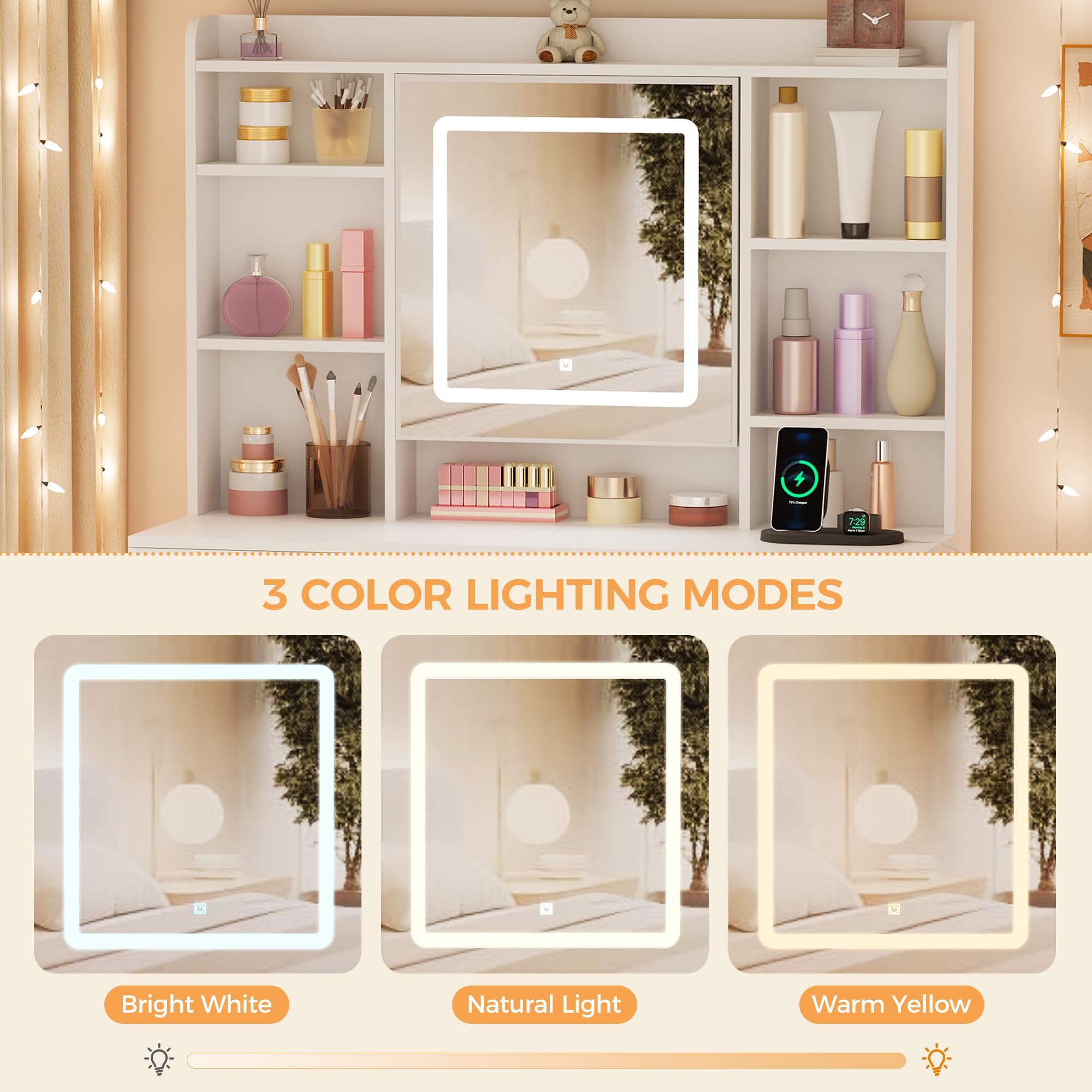 BEWISHOME Grande Coiffeuse avec éclairage LED et Miroir, Luminosité Réglable, Coiffeuse avec Tabouret, Prise, 9 Tiroirs et 5 étagères Ouvertes pour Chambre à Coucher Blanc Couffeuse Moderne EFST36W