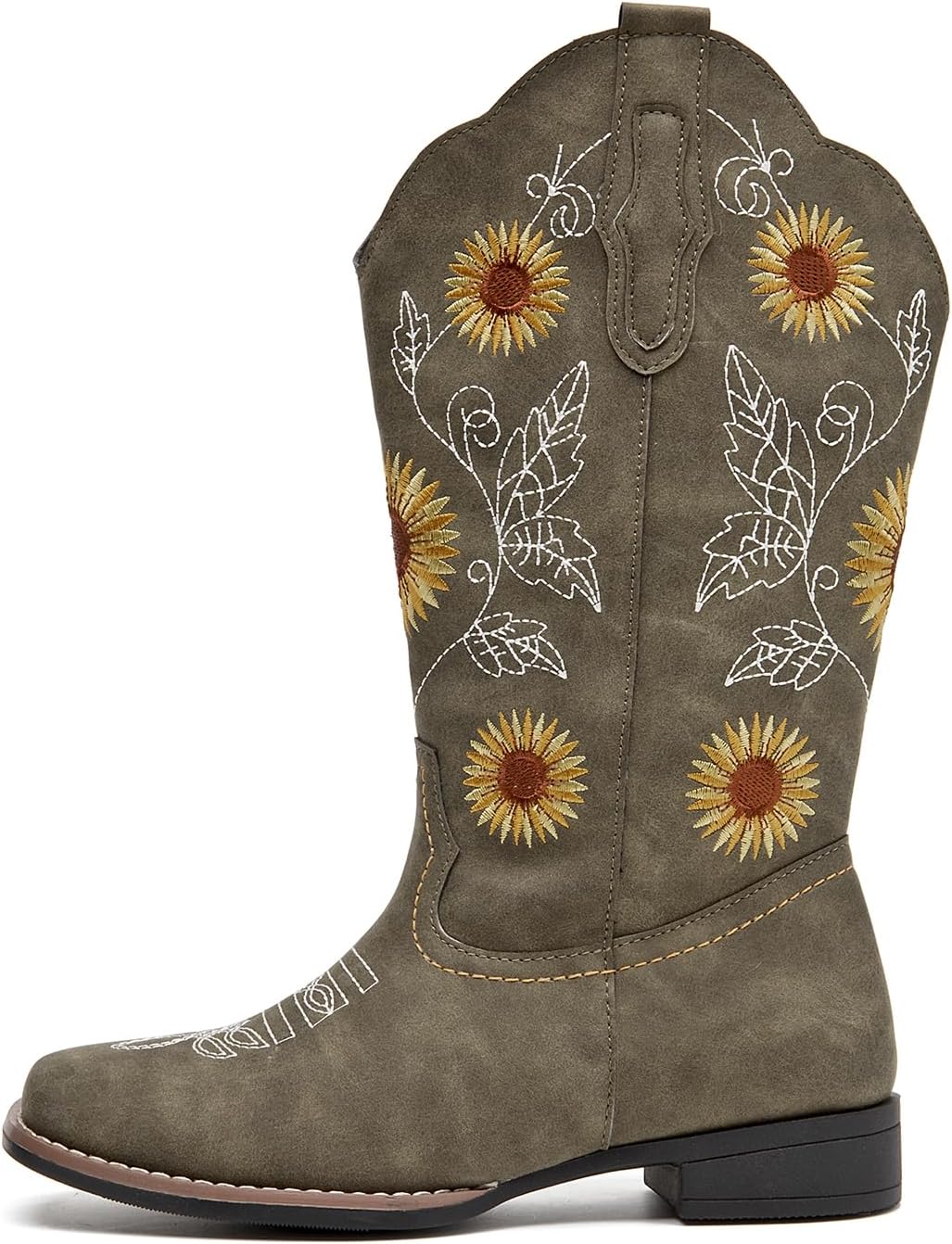 gloryinterest Cowboy Boots for Women Mid Calf Cowgirl Western Boots Sunflower Embroidery Stitched Square Toe Low Heel Black Brown Yellow US6-10.5
