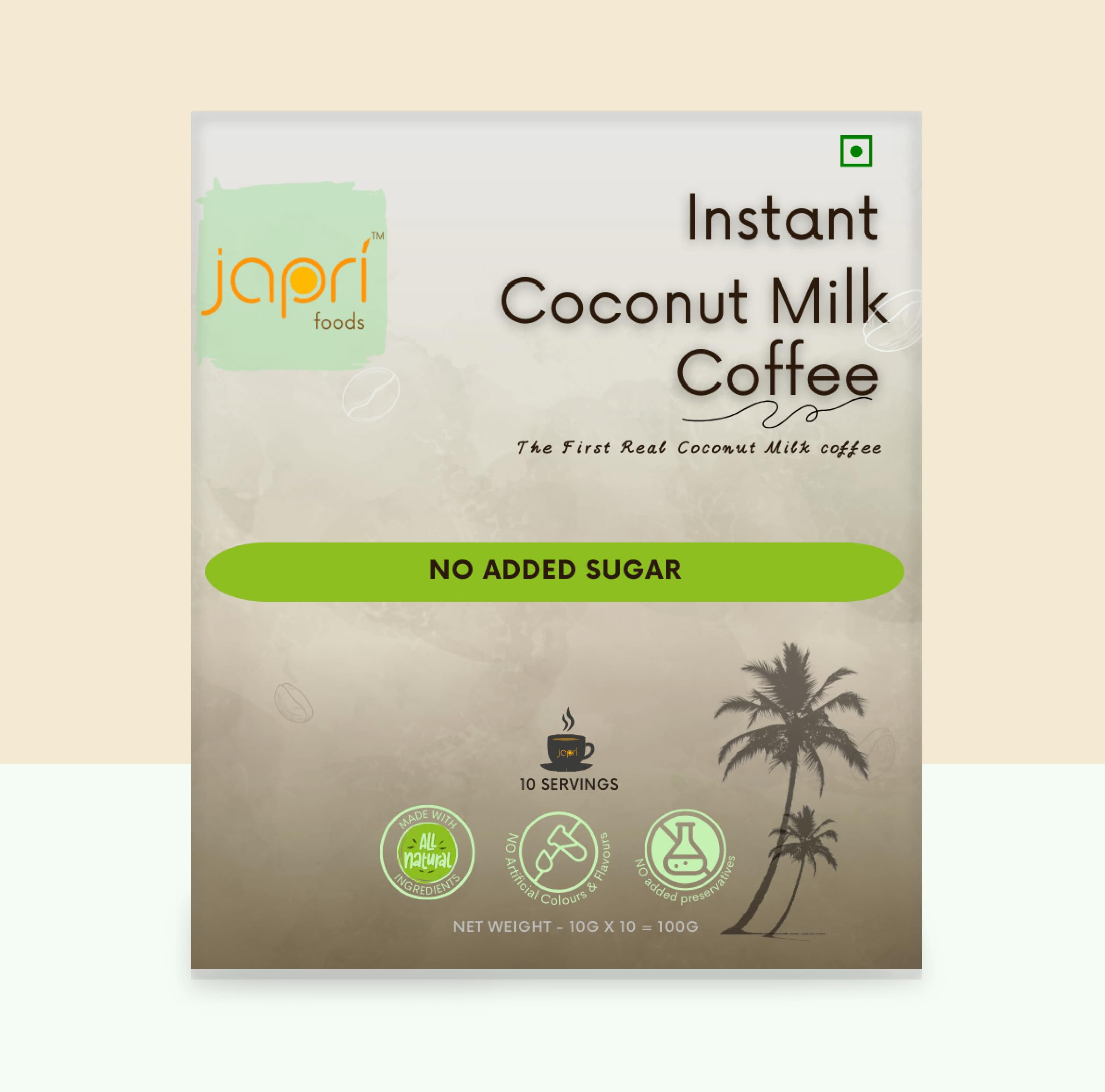 Japri Instant Coconut Milk No Added Sugar Coffee Premix, Plant Based, Diabetic Friendly, Lactose Free, Non-Dairy, Vegan Friendly, 10g x 10 Sachets (100g)
