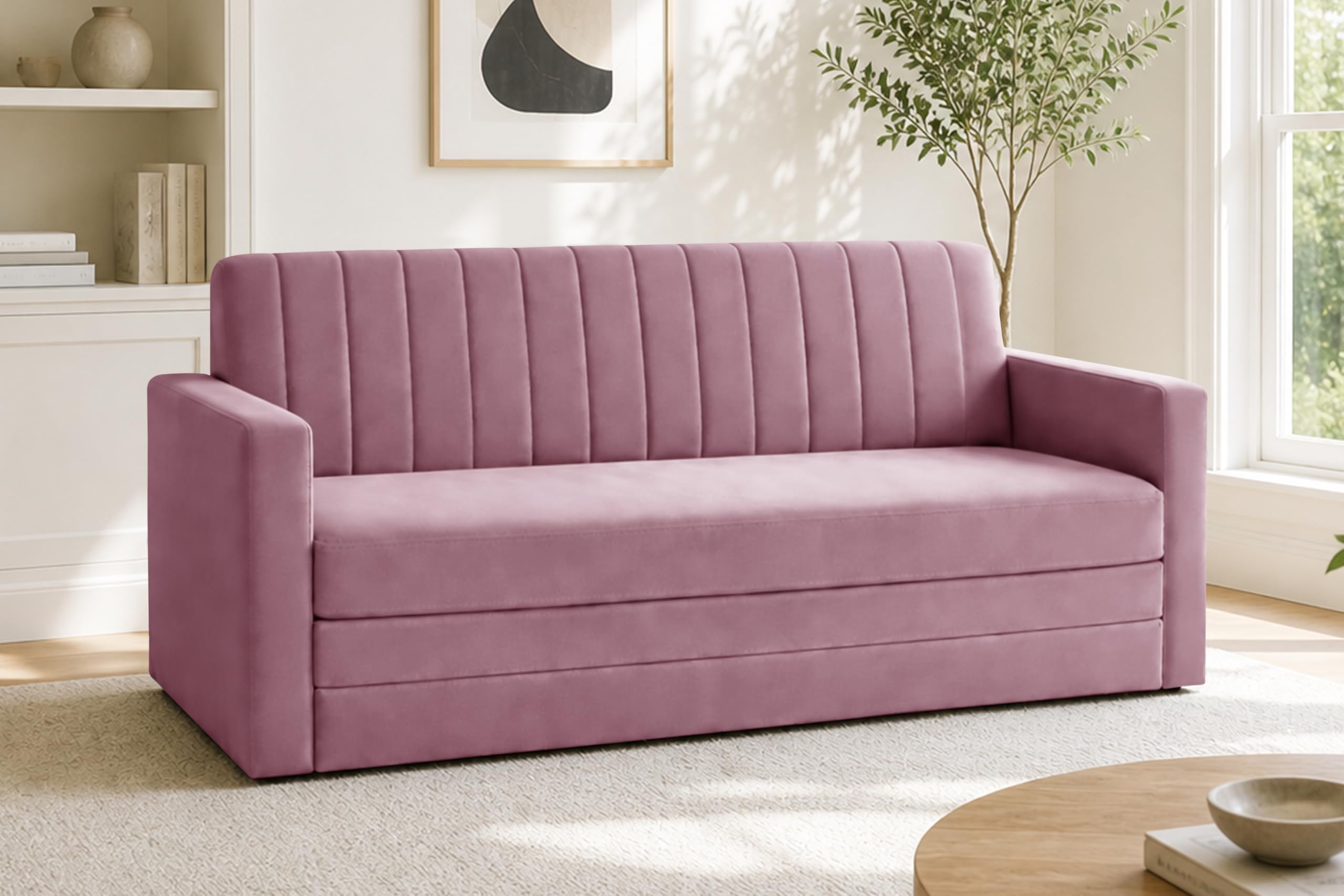 Ministry of Décor Modern 3 Seater Sofa Cum Bed with Armrest, Velvet Fabric Couch for Living Room, Space Saving Foldable Sleeper Sofa, (Rose Pink-Color)