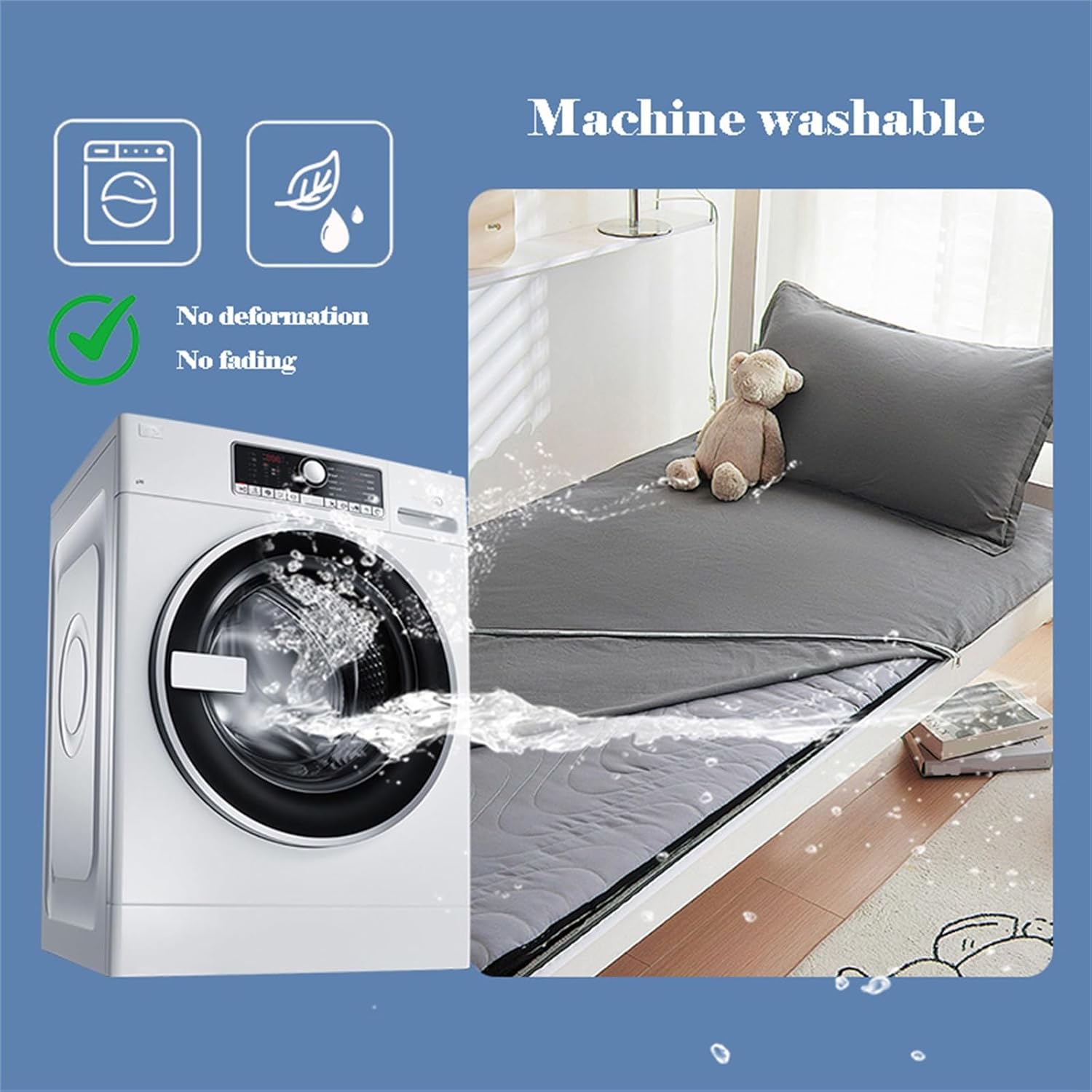 Japanese Floor Mattress Cover, Floor Futon Covers with Zipper, for Tatami Mattress Floor Mats, Futon Slipcovers, Machine Washable(Blue Plaid,90x190cm/35x75in)