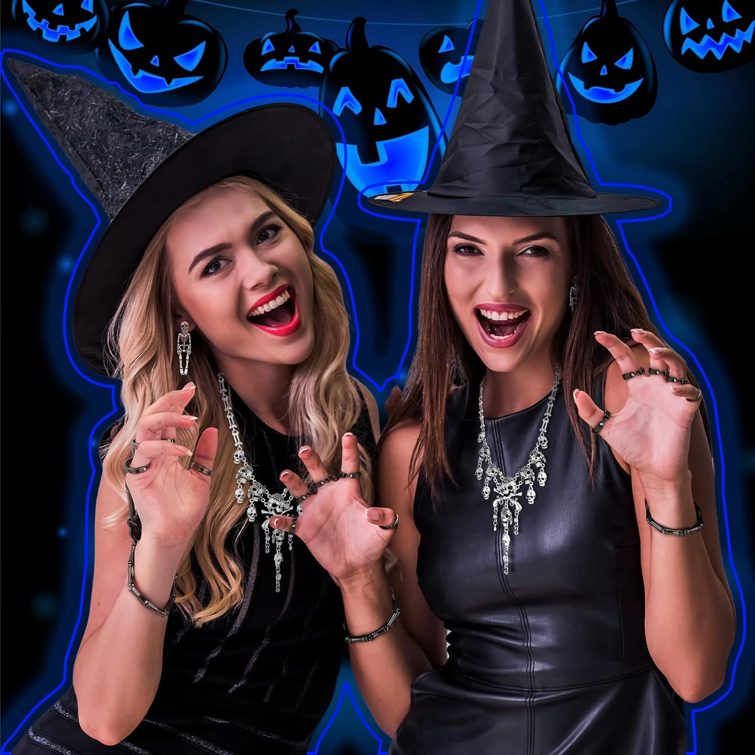 Inbagi 3 Pcs Halloween Skeleton Jewelry for Women Halloween Skeleton Necklace Bracelet Adjustable Skull Fingers Wristband Spooky Skull Skeleton Dangle Earrings for Women - Image 2