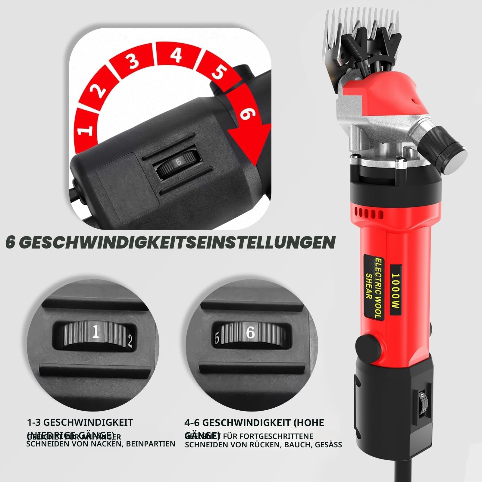 PAT JUUMG 1000w Elektrische Schermaschine für Schafe,Professionelle schafscheren mit 6-Gang Einstellbar,schaf schere für Alpakas Ziegen Pferde Bauernhof mit Koffer