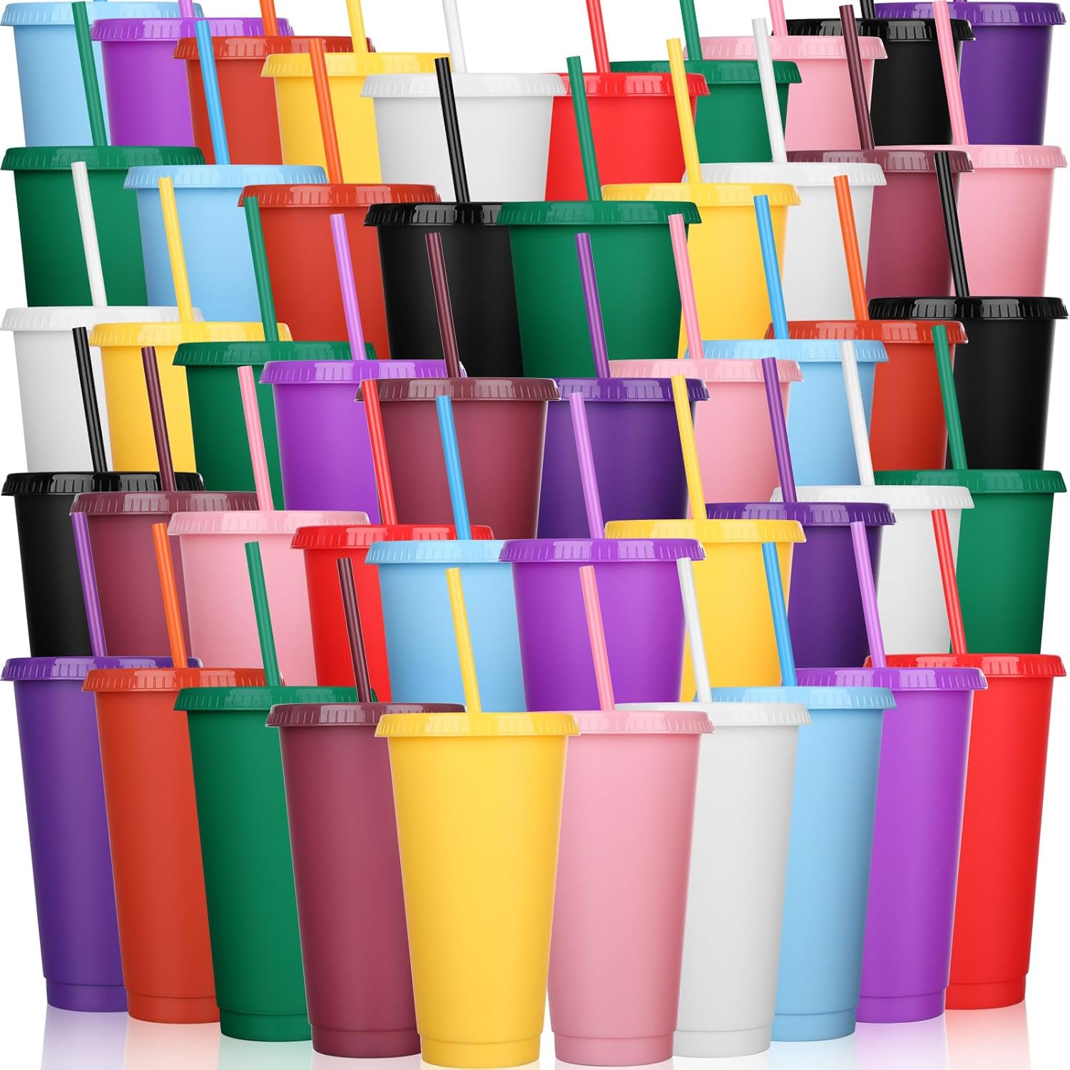 Honeydak 60 Pcs Tumbler with Straw and Lid Bulk Water Bottle Iced Coffee Travel Mug Cup Reusable Plastic Cups for Party Birthdays 24-27 oz (Solid Color)