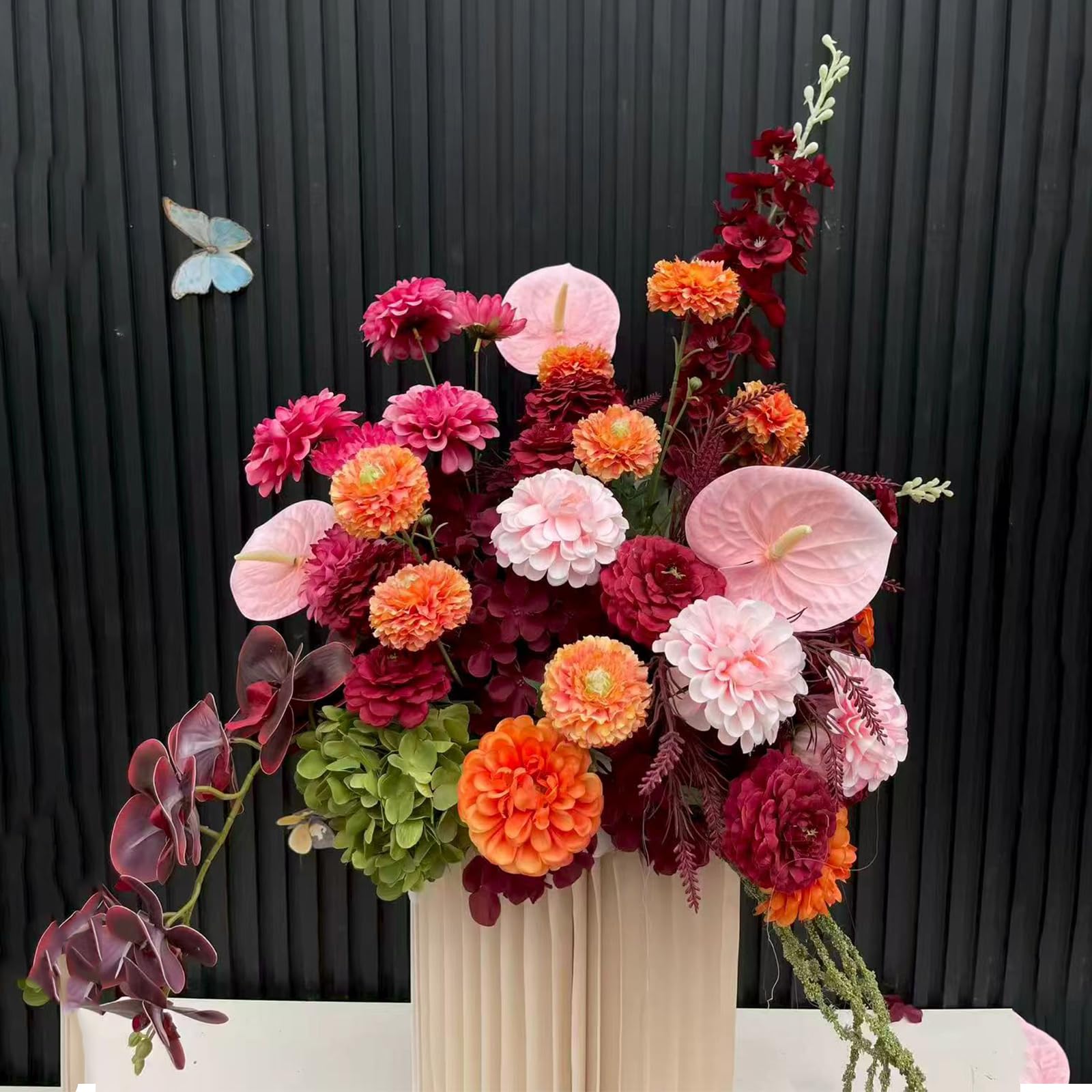 Burgundy Orange Pink Artificial Silk Flowers Combo, Fake Floral Arrangement with Pink Anthurium, Dahlias, Hydrangeas for Wedding Centerpieces, Bridal Shower (Flower Ball,70cm)