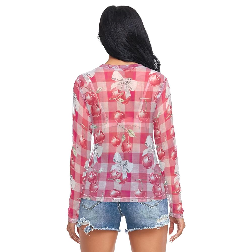 トップス SHEER PLAID VOLUME SLEEVE TOPS Women's Long Sleeve Mesh Top Red Cherry White Bow Checkered