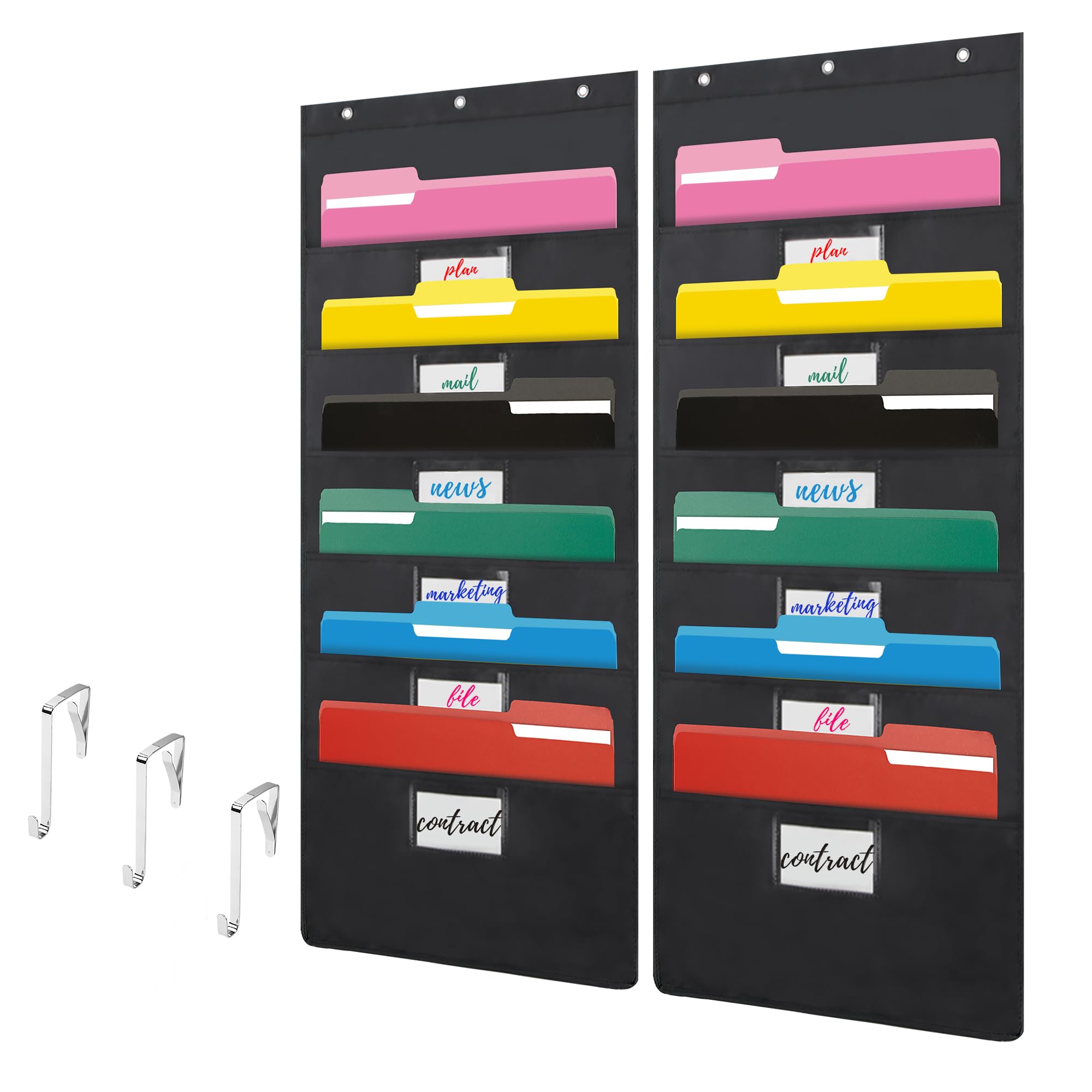 YNXPTBNC Black Hanging Wall File Organizer with 6 Pockets,2 Packs Wall Hanging File Folder Organizer,Over the Door Storage Pocket Chart with 3 Metal Hangers, Space Saver for Office and Classroom