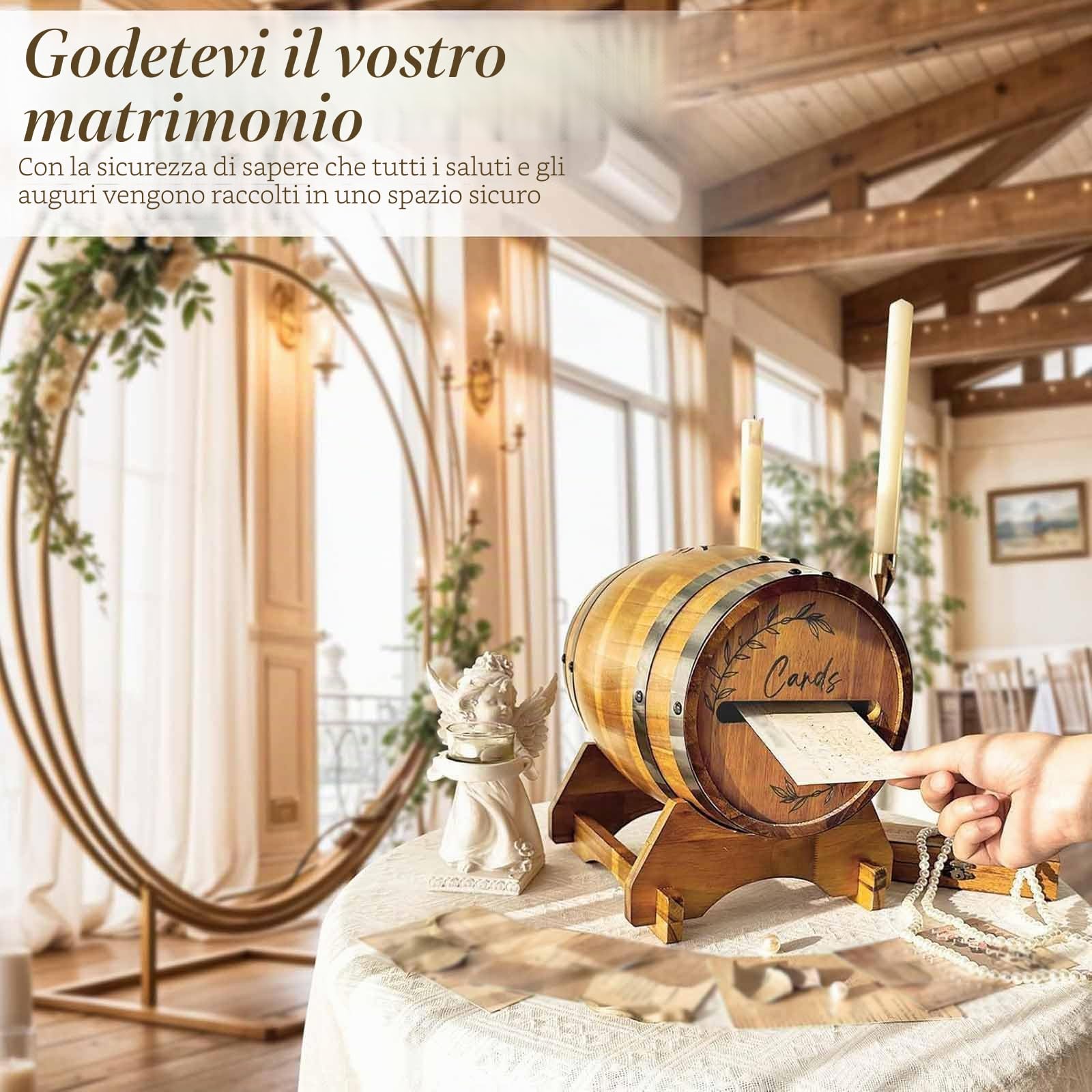 Baoblaze Scatola Porta Biglietti da Matrimonio in Legno per Feste, Robusta Scatola Porta Busta con Fessura e Supporto, Biglietti da Visita a Forma di Botte