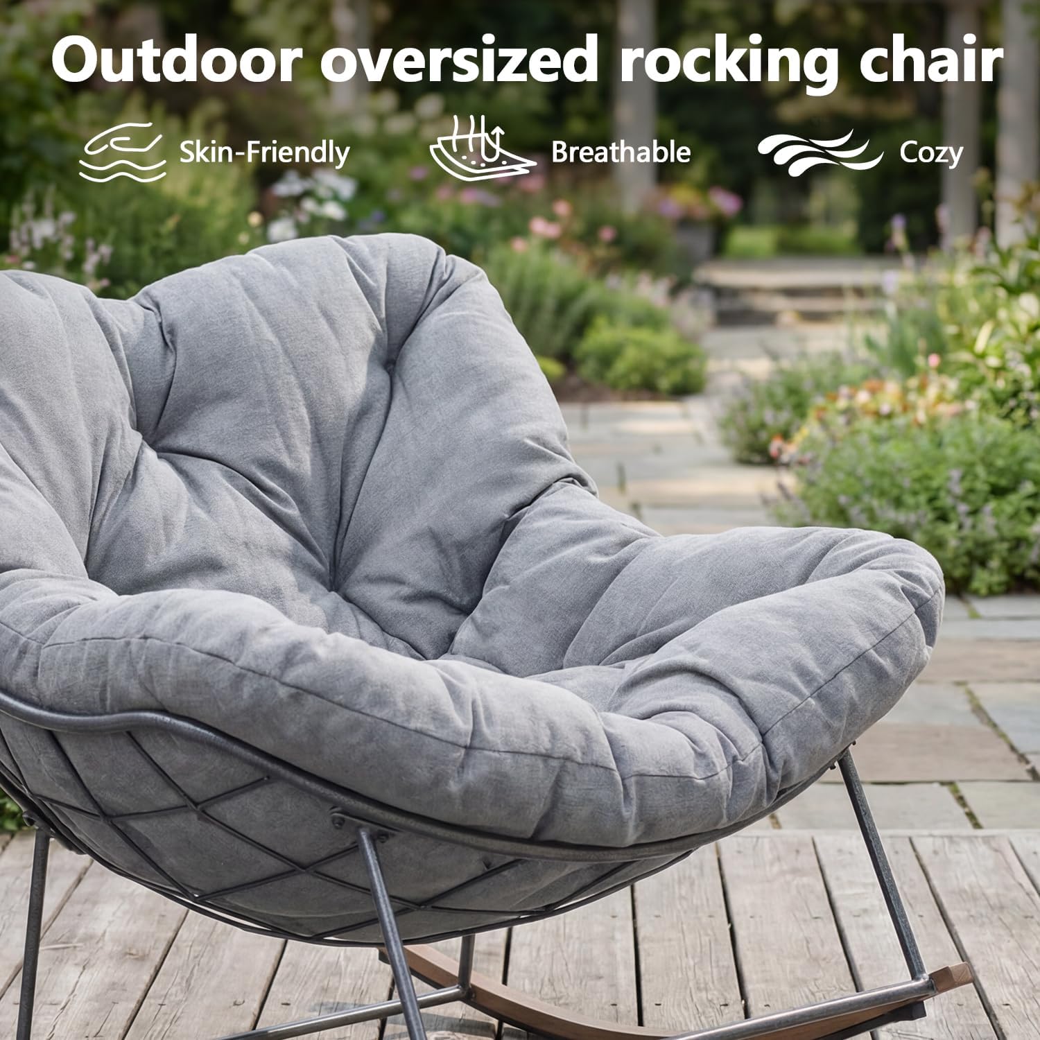 Outdoor Rocking Chair, 400 lbs Sturdy Frame with Thick Cushion,Patio Papasan Chair for Living Room, Porch, Garden,Balcony(Grey)