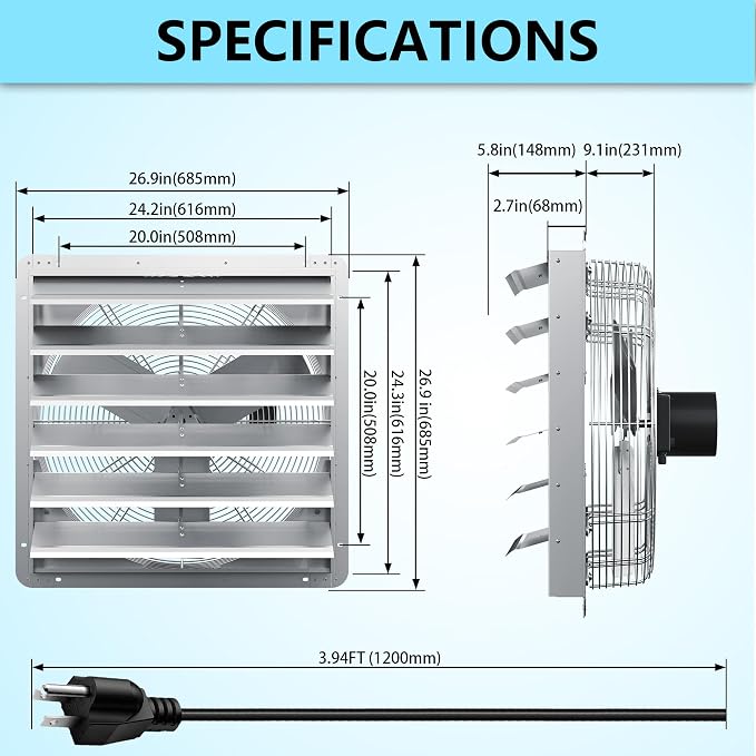 Ventilador de extracción para pared de 24 pulgadas, ventilador de aluminio con persiana automática, caudal de aire de 5280 CFM, certificado ETL, para ático, invernadero, taller y garaje miniatura 3