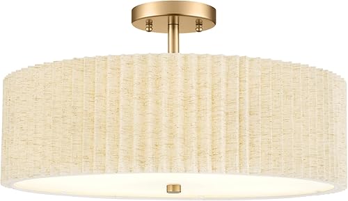 Vista 18 de Luces de Techo Semiempotradas Doradas, Lámpara de Techo de 4 Luces de 18" con Pantalla de Tela en Forma de Flor, Iluminación de Tambor de Latón